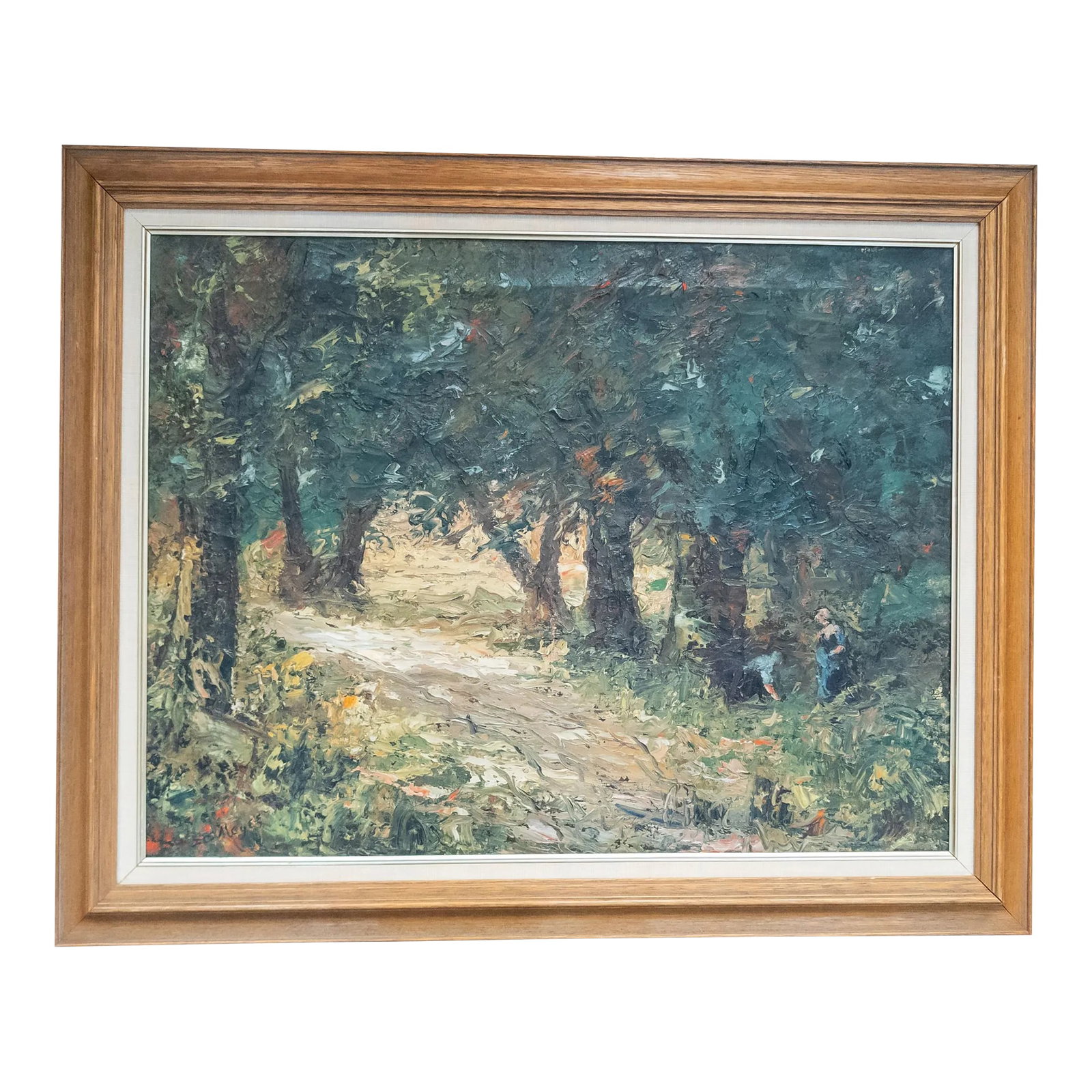 20th Century American Impressionist Landscape Painting, Signed: We are selling this American Impressionist oil on canvas painting. This oil on canvas appears to be American and features a very heavily impressionist abstracted scene of a wooded lane with two women