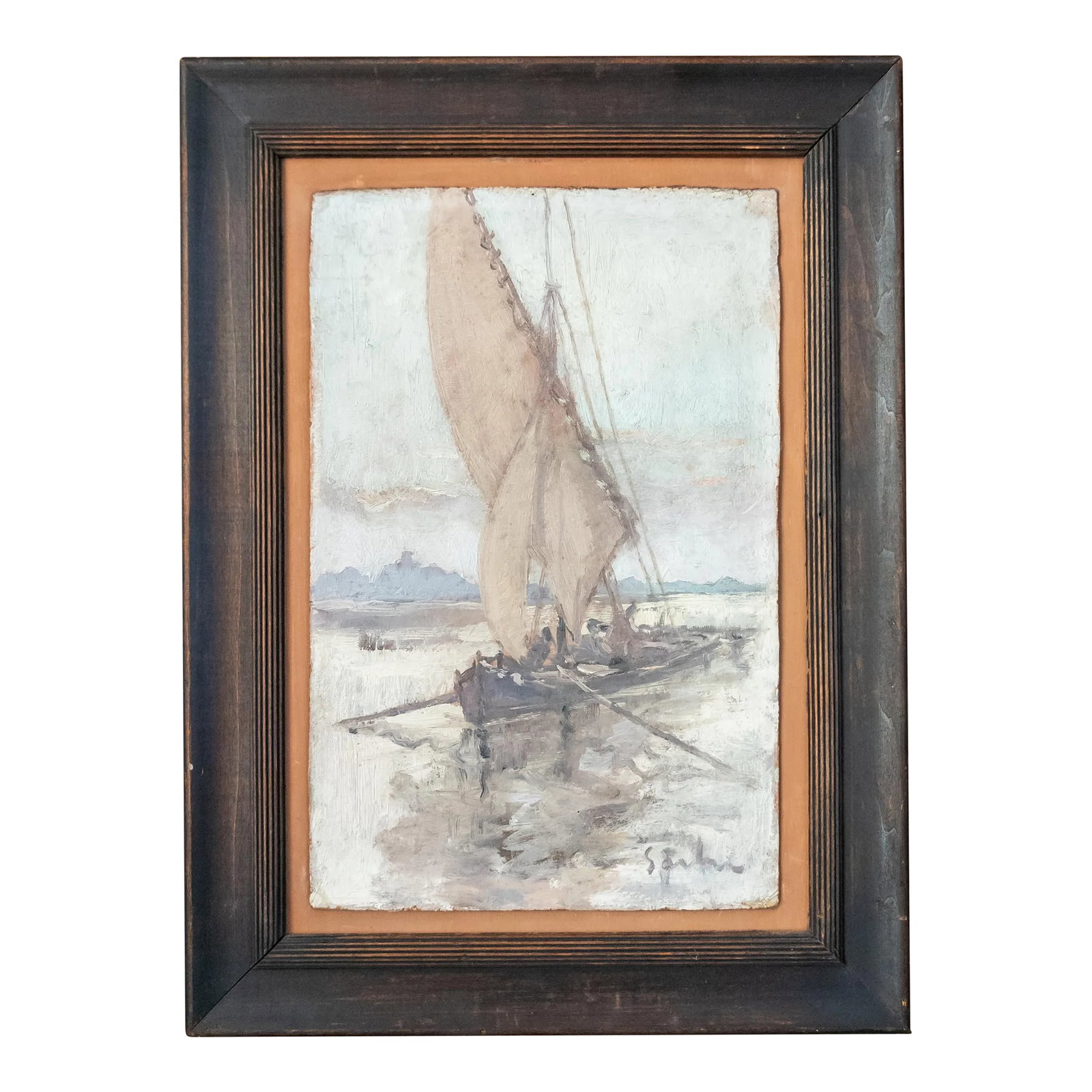 20th Century French Impressionist Painting of a Fishing Boat, Signed Illegibly: We are selling this well done Impressionist painting of a fishing or sailing boat. This painting is probably French and is well executed with nice palette on cardboard in oils. IT has swift brush