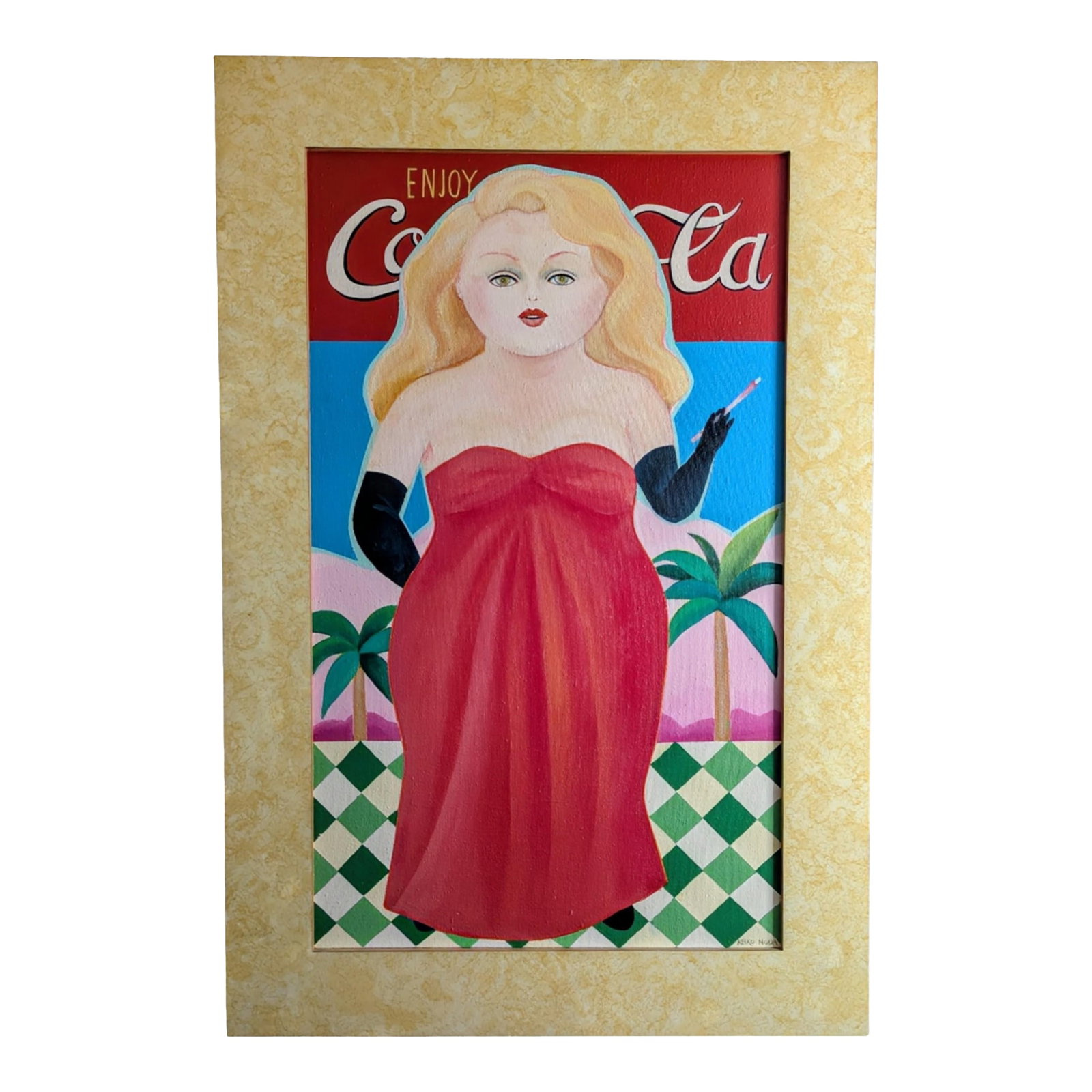 Framed Original Acrylic on Canvas by Keiko Noda Cantor, (Japanese 20th Century) Dated 1982: This fabulous kitchy post modern work of art was a commissioned piece by a very talented artist who was part of the Art Students League where of New York her work is on display and part of its