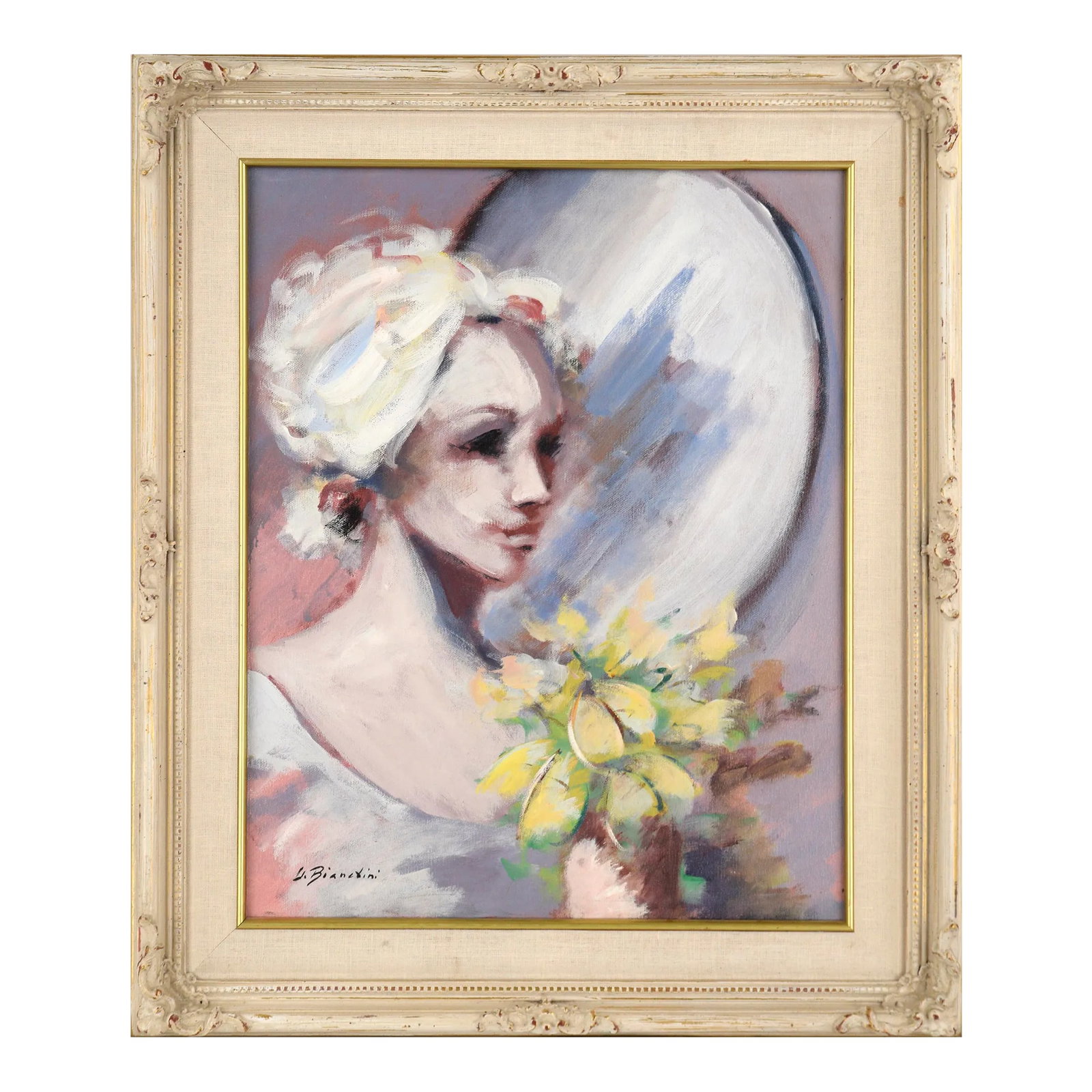 Woman With a Bouquet by the Mirror by Umberto Bianchini: Subdued portrait of a woman holding flowers in front of a mirror by Umberto Bianchini (Italian, 1934-2010). Signed in the lower left corner and on verso. Presented in a whitewashed frame with a linen