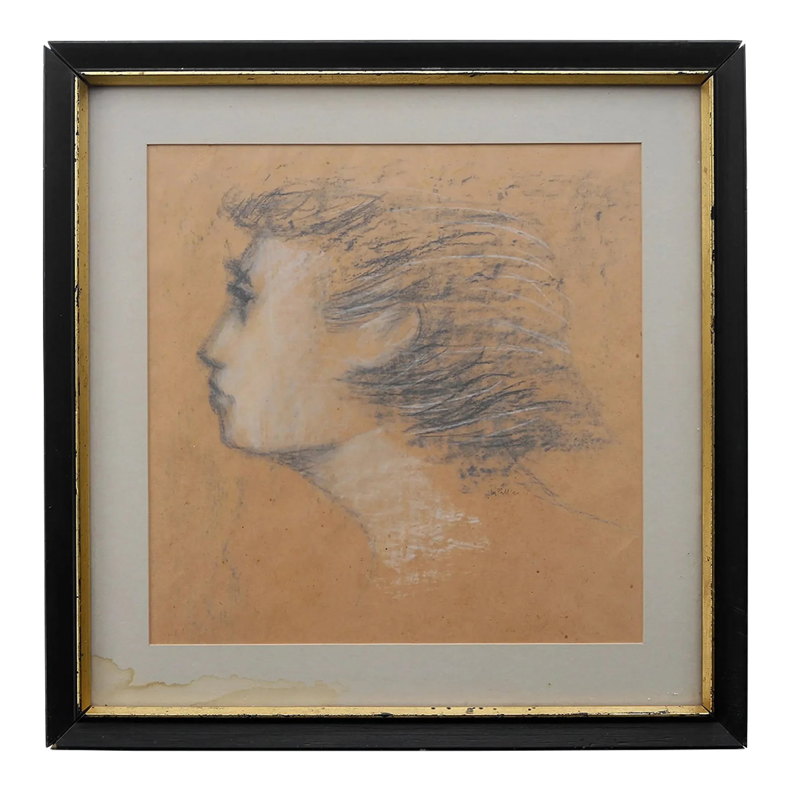1950s Mid Century Charcoal Young Male Profile Portrait Sketch Drawing: Incredible signed vintage profile portrait sketch/drawing of young male from 1954. Looks to be charcoal or Conte crayons on paper. Artwork has a white window mat with a black wooden frame with a gold