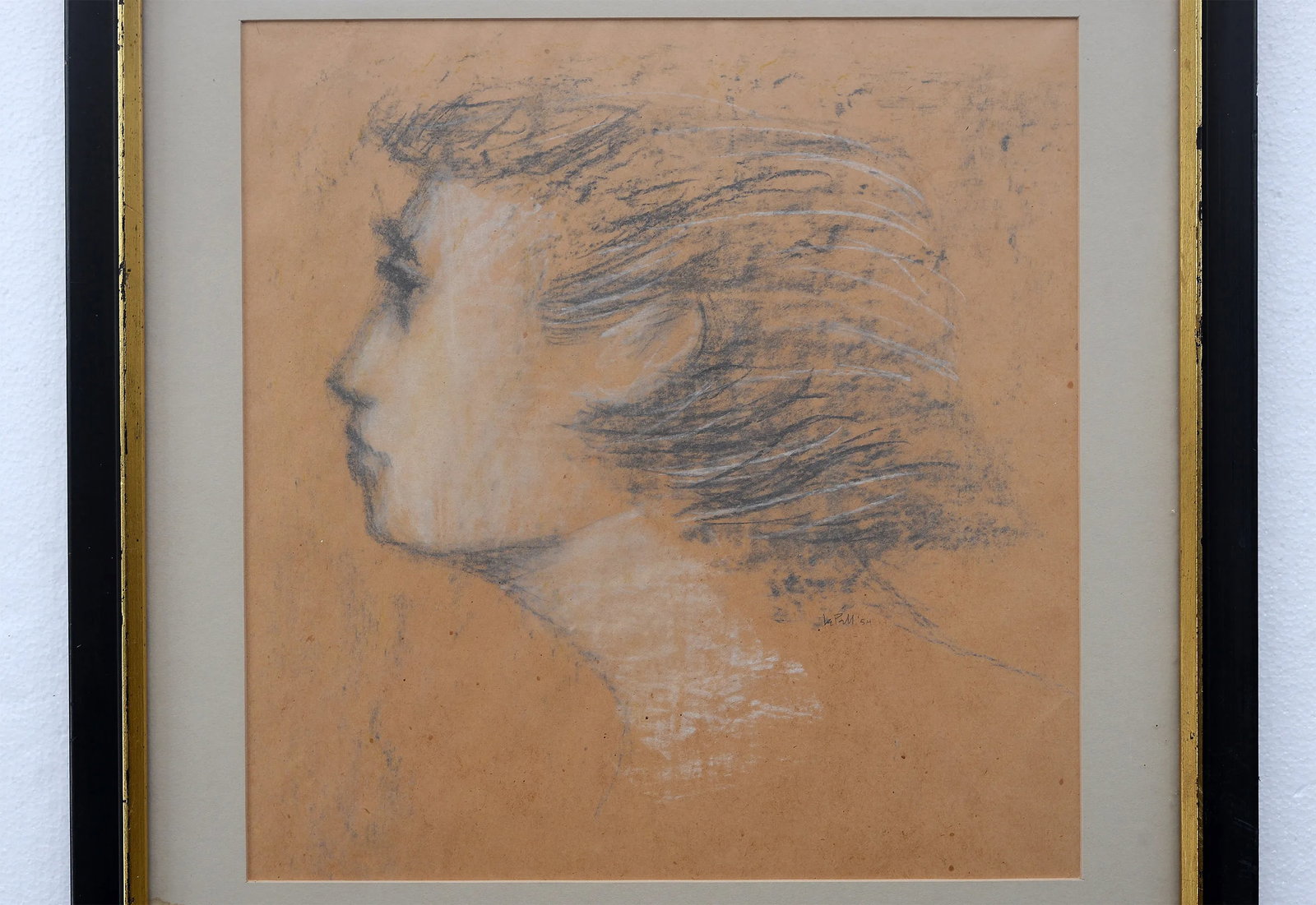 1950s Mid Century Charcoal Young Male Profile Portrait Sketch Drawing - 3