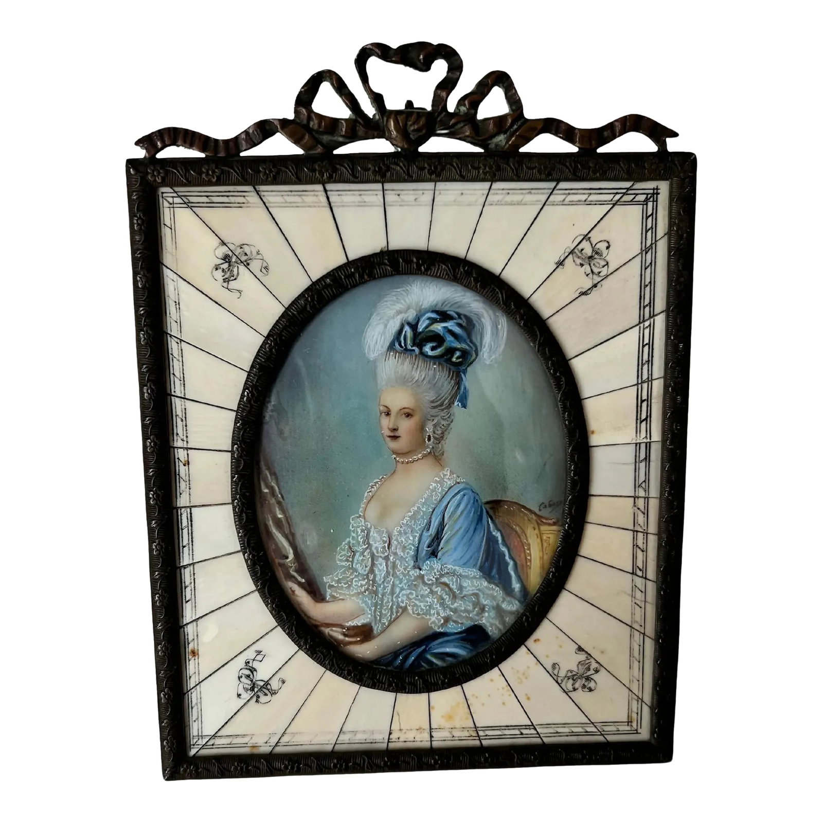 Hand Painted Miniature Portrait of a Lady ca. late 19th C. Bronze and Bone Frame: A late 19th Century hand painted mature portrait in a bone and Bronze frame with velvet backing and bronze twig like stand. An impeccable piece and lovely on the desk or shelf. A well crafted piece, h