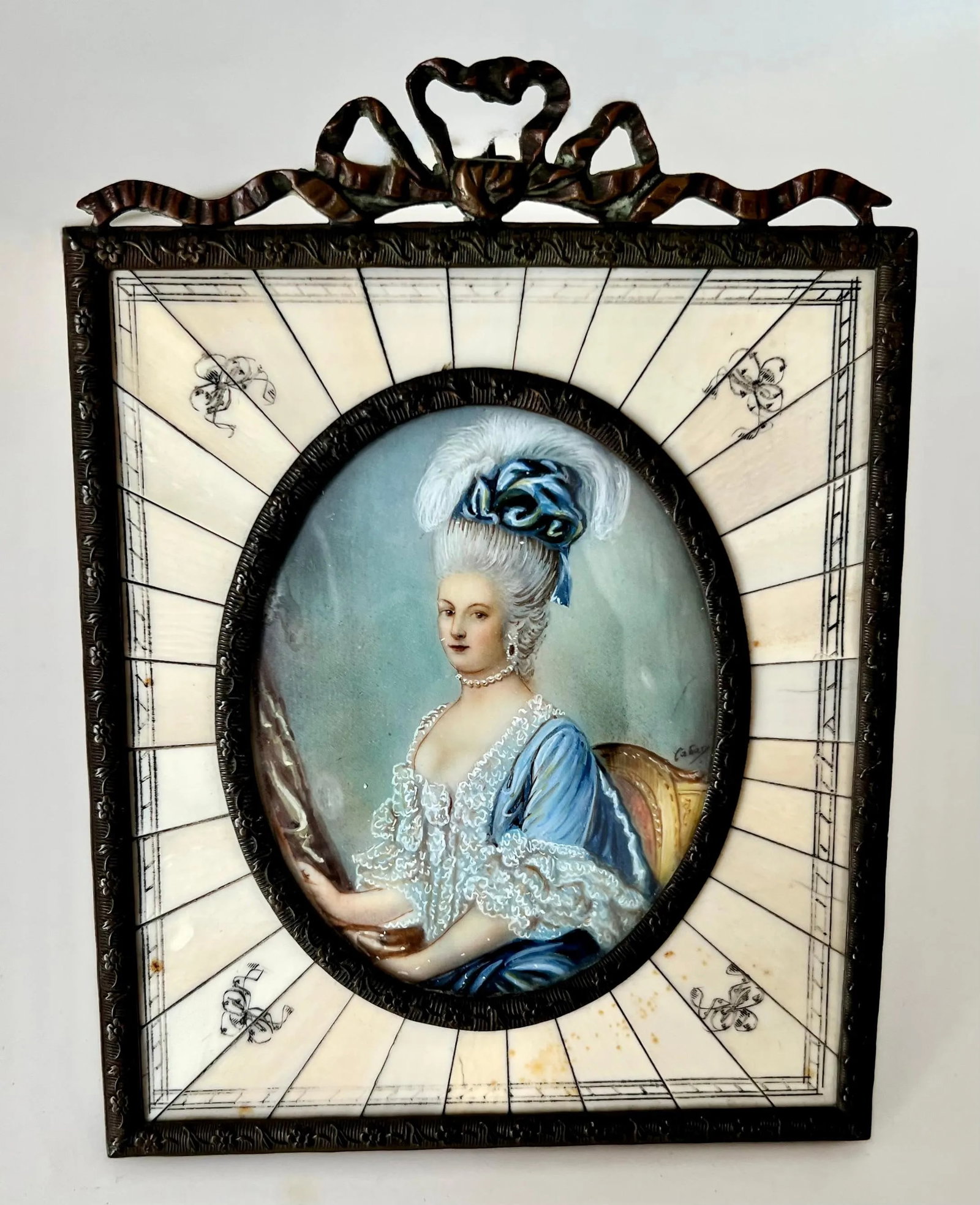 Hand Painted Miniature Portrait of a Lady ca. late 19th C. Bronze and Bone Frame - 5