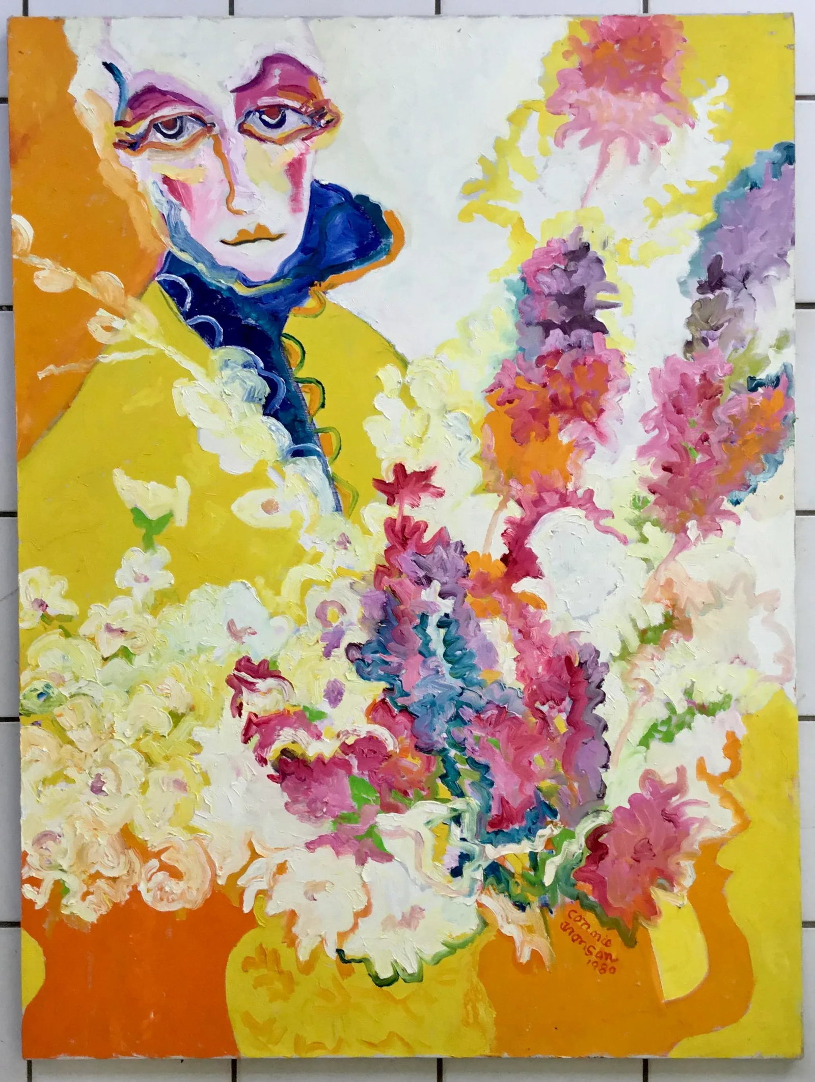 "Woman With Bouquet " 1980 Vintage Large Oil on Canvas by Connie Aronson - 11