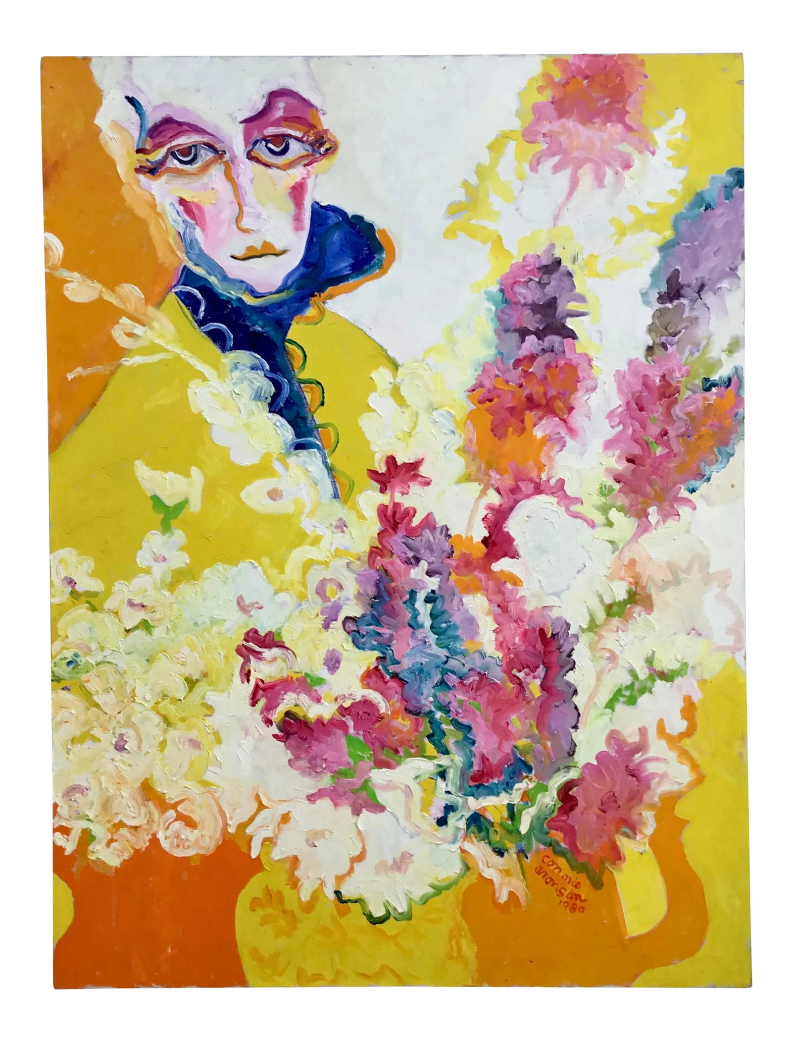 "Woman With Bouquet " 1980 Vintage Large Oil on Canvas by Connie Aronson: Fabulous vintage expressionistic painting . Bright and cheerful palette will bring a sunshine to any room . Great vintage condition . Condition: Alterations: Original Condition Unaltered
