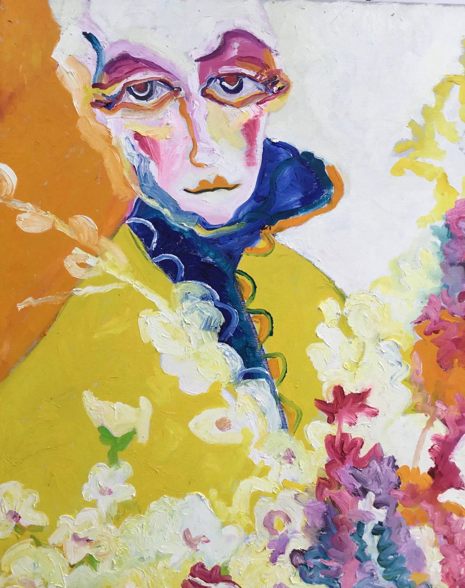 "Woman With Bouquet " 1980 Vintage Large Oil on Canvas by Connie Aronson - 2