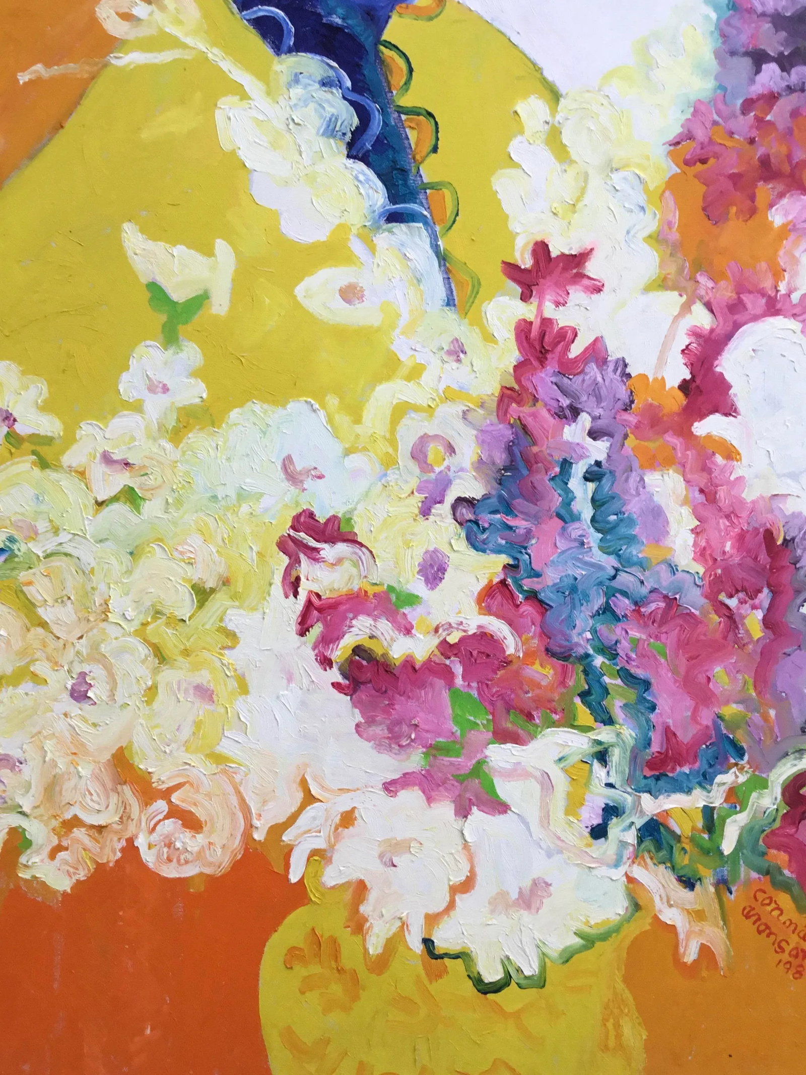 "Woman With Bouquet " 1980 Vintage Large Oil on Canvas by Connie Aronson - 4