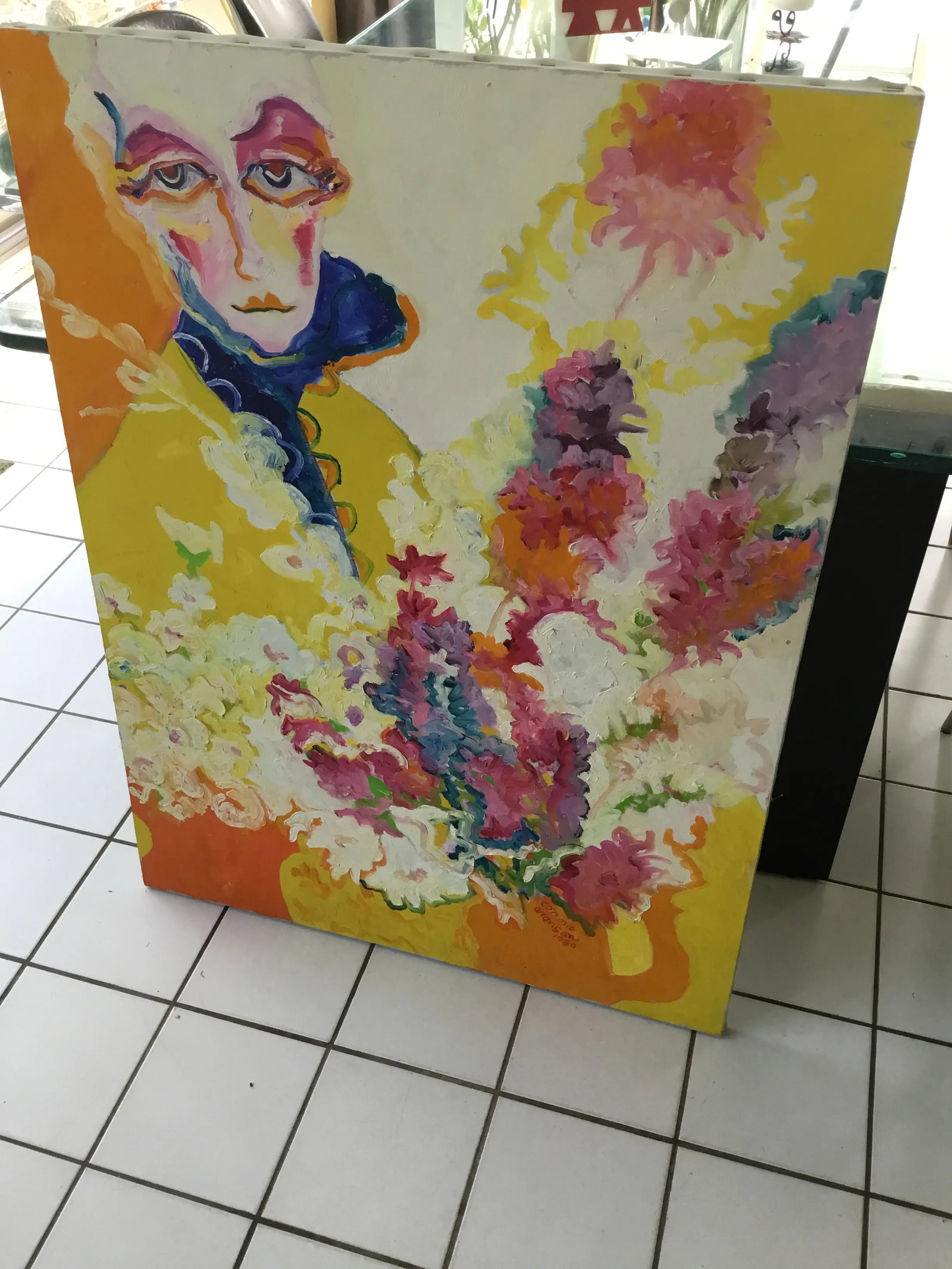 "Woman With Bouquet " 1980 Vintage Large Oil on Canvas by Connie Aronson - 6