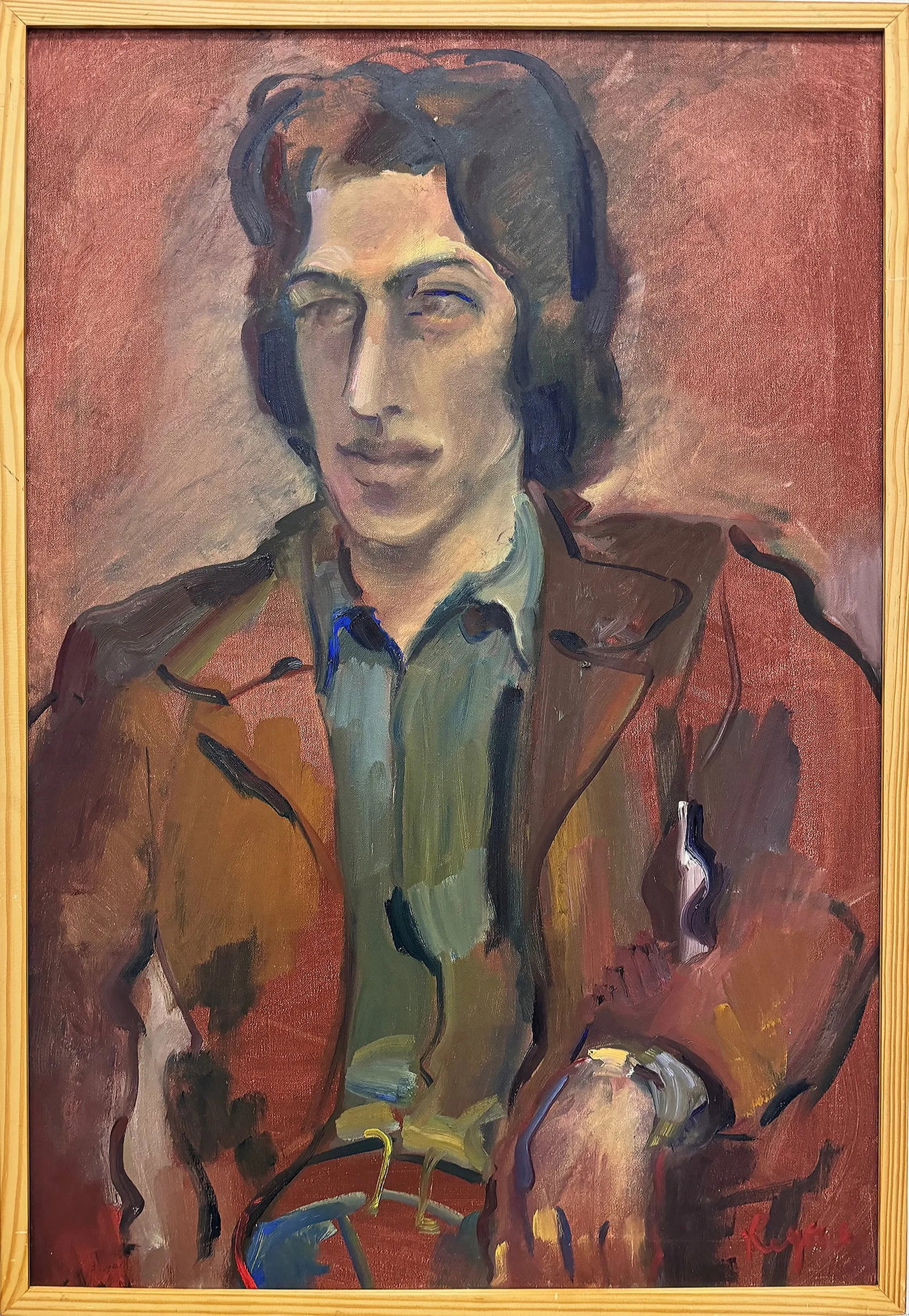 Mid-Century Modern Portrait Painting of a Hipster Signed Illegibly: Mid-century Modern Portrait Painting of a Hipster Signed Illegibly. Offered for sale is a mid-century modern vintage portrait of a 1970s male hipster The work is painted in oil on canvas and