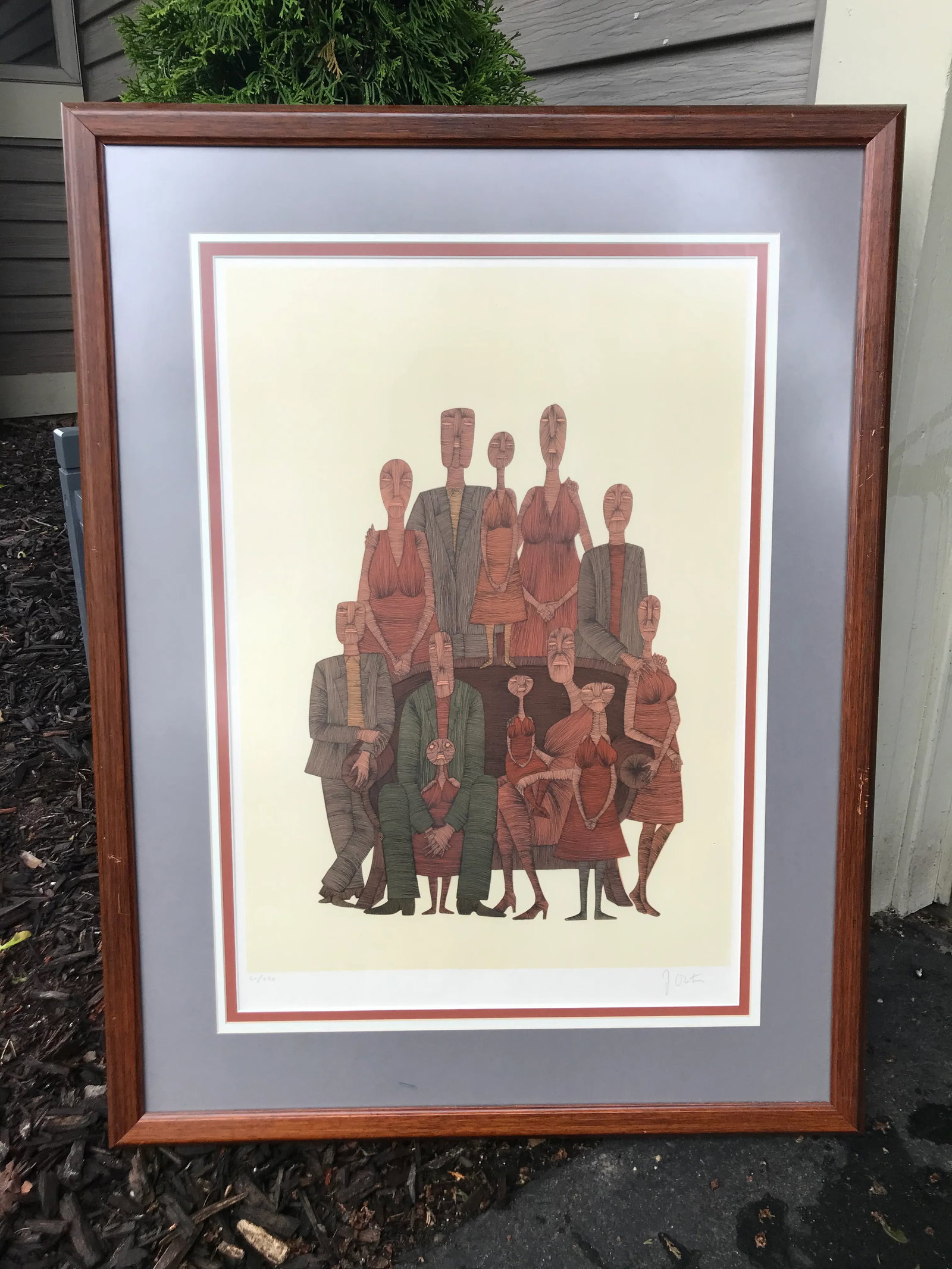 Vintage Mid-Century Abstract Family Portrait Print Block Print Lithograph Signed and Numbered - 10