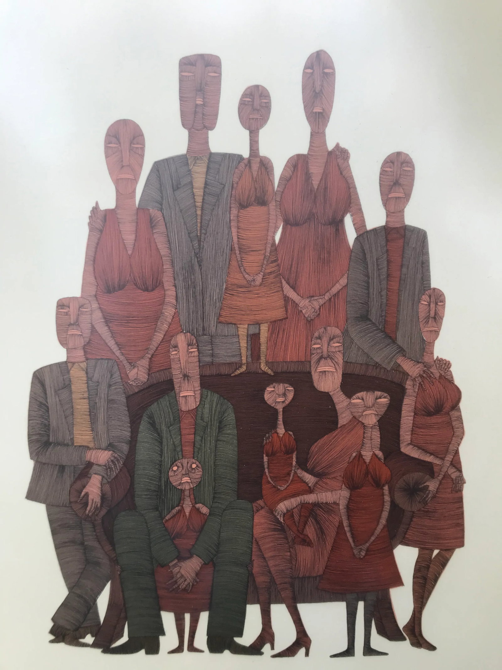 Vintage Mid-Century Abstract Family Portrait Print Block Print Lithograph Signed and Numbered - 2