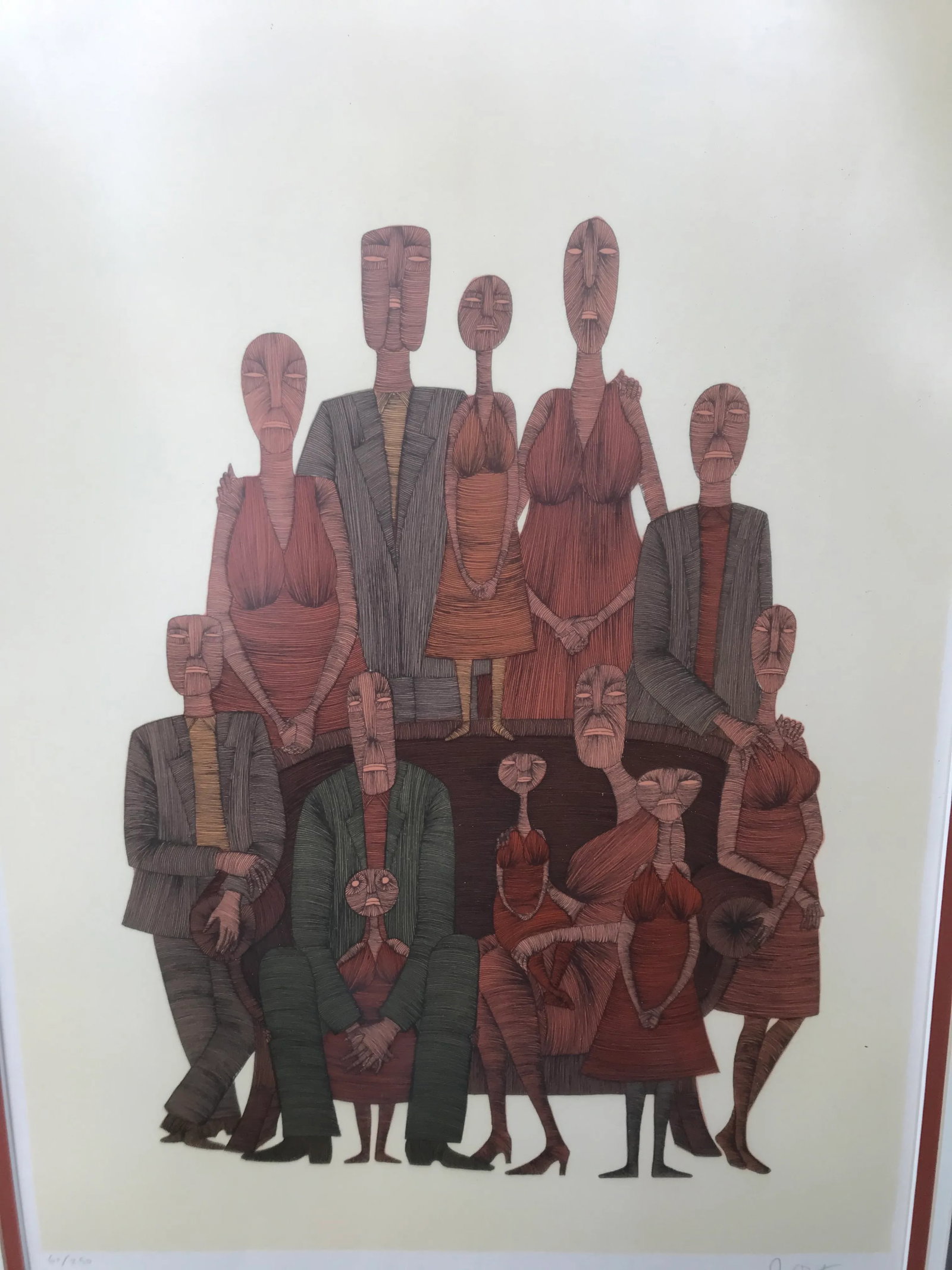 Vintage Mid-Century Abstract Family Portrait Print Block Print Lithograph Signed and Numbered - 8