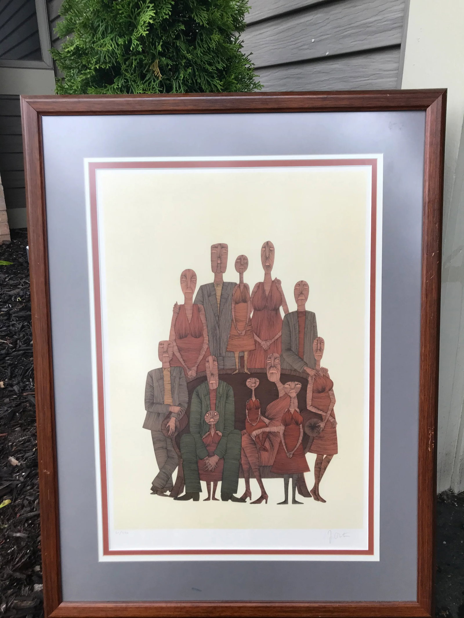 Vintage Mid-Century Abstract Family Portrait Print Block Print Lithograph Signed and Numbered - 9
