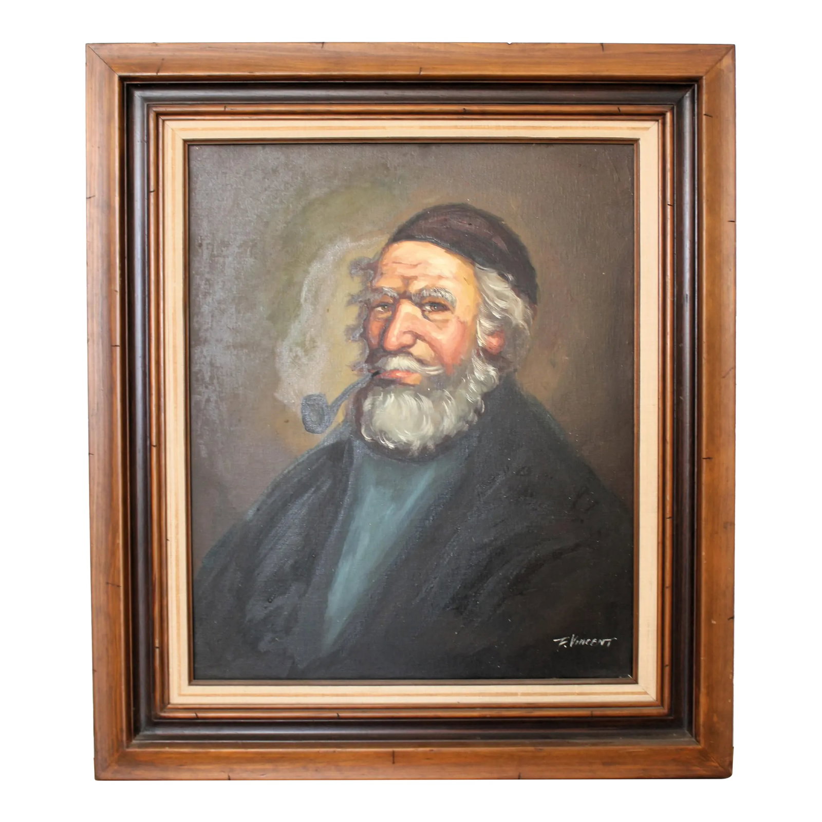 Signed Original Oil on Canvas "Man With Smoking Pipe"/ 32.5": Lovely original Dutch oil on canvas painting portrait of an old man smoking a pipe. Presented it's original carved Mid-Century hardwood frame. Wonderful charm and age throughout, Signed lower left "F.