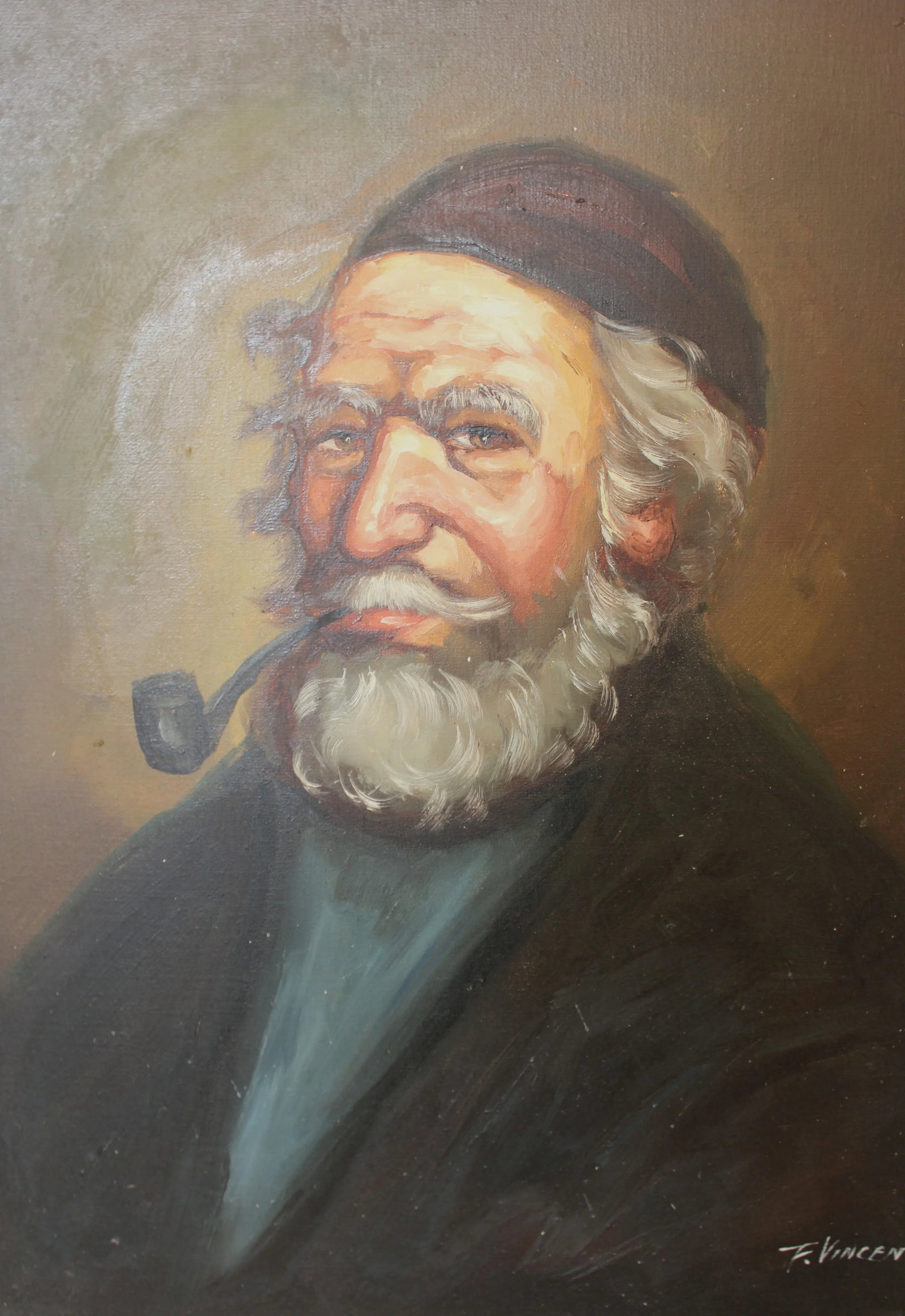 Signed Original Oil on Canvas "Man With Smoking Pipe"/ 32.5" - 2