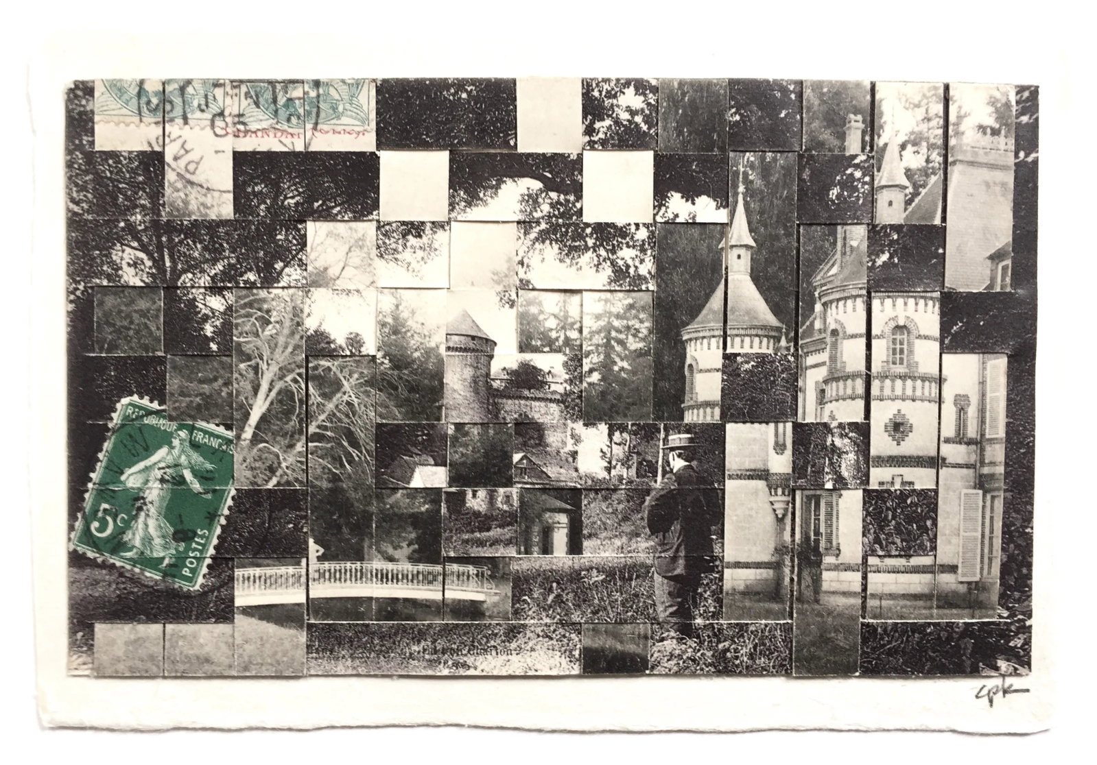 Parc Et Chateau, France, Hand Cut and Woven Vintage Photo Postcards, Framed - 2