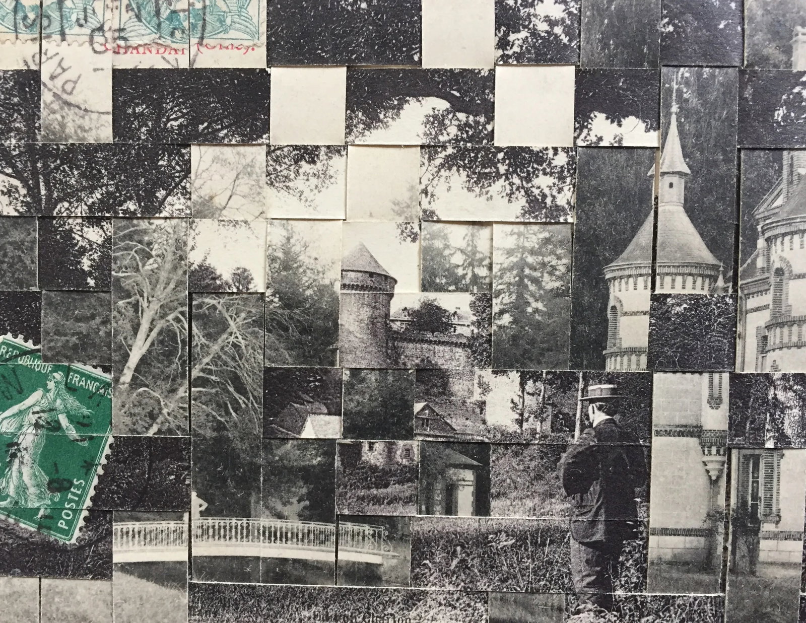 Parc Et Chateau, France, Hand Cut and Woven Vintage Photo Postcards, Framed - 5