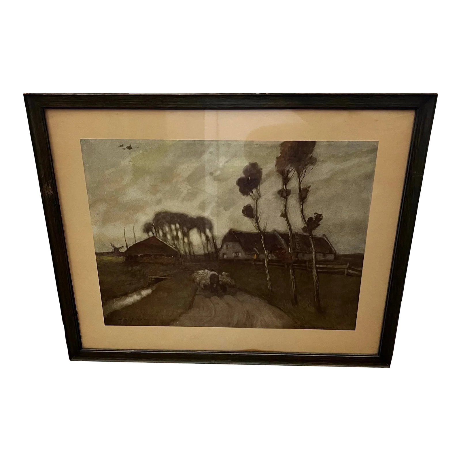 1914 Framed Chromolithograph of Sheep by the Gerlach Barklow Company: Hauntingly beautiful framed chromolithograph of Sheep being herded under a storm coming in. This is a rare original print from 1914 by the Gerlach Barklow Company, Joliet, Illinois. Vintage wood