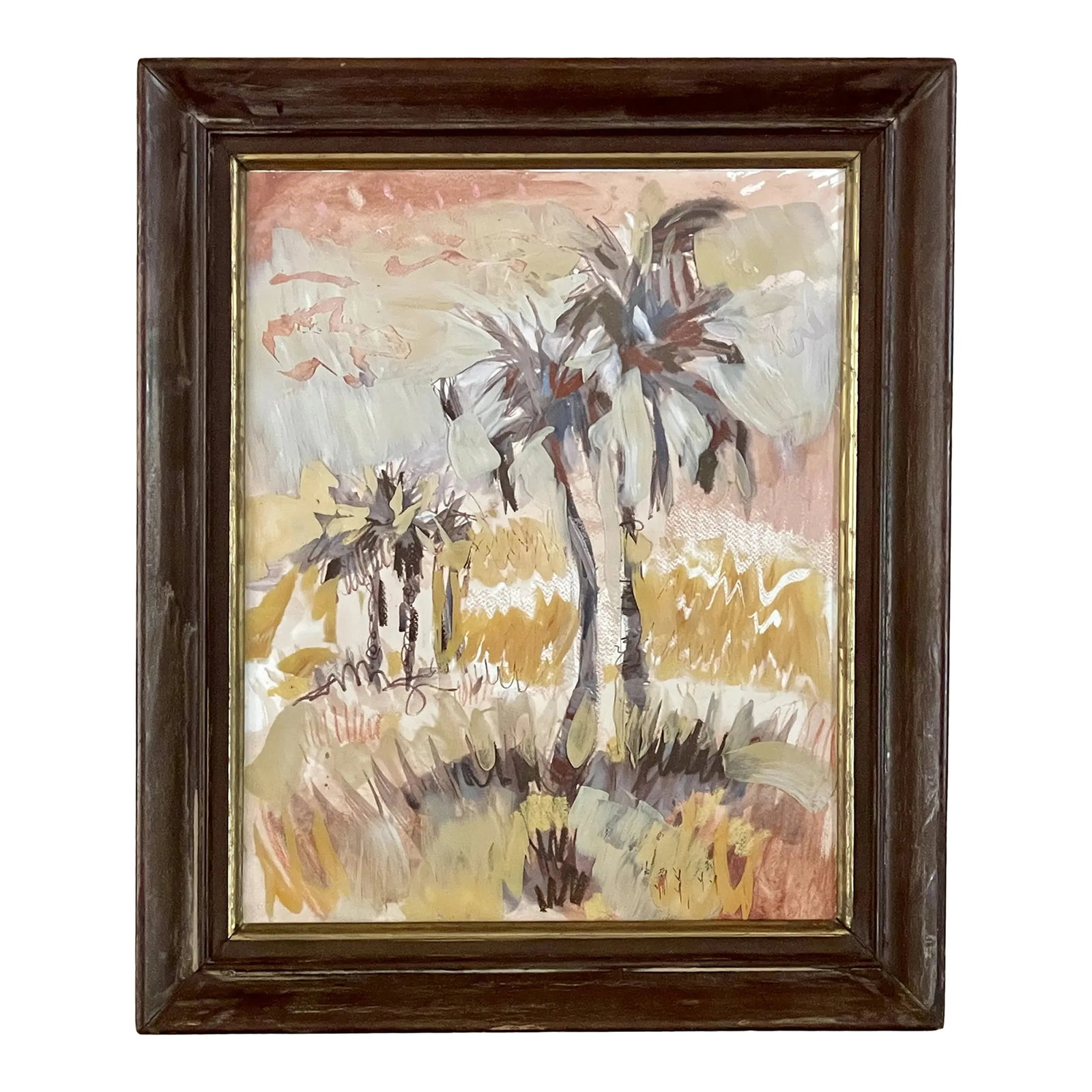 Mixed Media Tropical Painting on Glass by Gerhard: Mixed media painting on glass by Ehren Fritz Gerhard. Abstract style tropical landscape framed under glass. About the Artist: Working somewhere in-between scientific observation and romantic