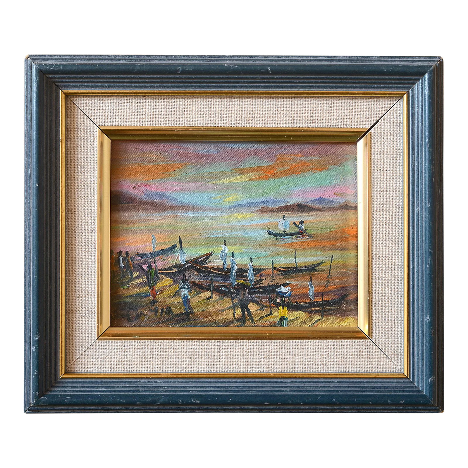 Mid Century Miniature Seascape Painting: Stunning vintage miniature seascape painting with dramatic colors depicting a scene of people with small boats at seashore. This painting is a medley of vibrant hues and beautifully framed. Signed "M 