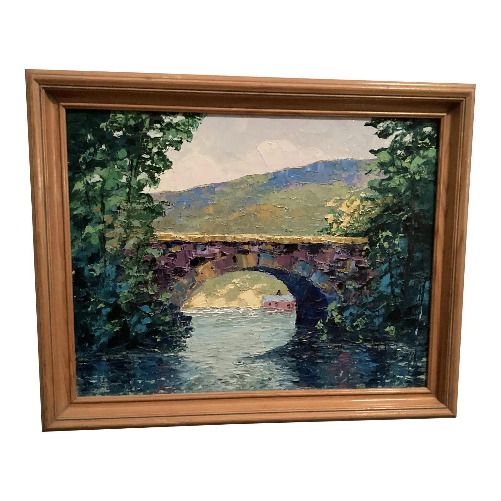 1980, Original Oil Painting Landscape Bridge, Bright Impasto, Signed by Artist "Floyd Harrod Jr." Fr: Gorgeous Image of a detailed Landscape with a stone bridge as centerpiece. Impasto painting highlights the entire scene. Beautiful trees, colorful mountains, and flowing water all come alive, The view