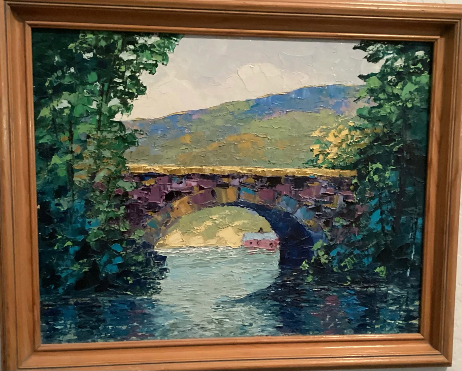 1980, Original Oil Painting Landscape Bridge, Bright Impasto, Signed by Artist "Floyd Harrod Jr." Fr - 2