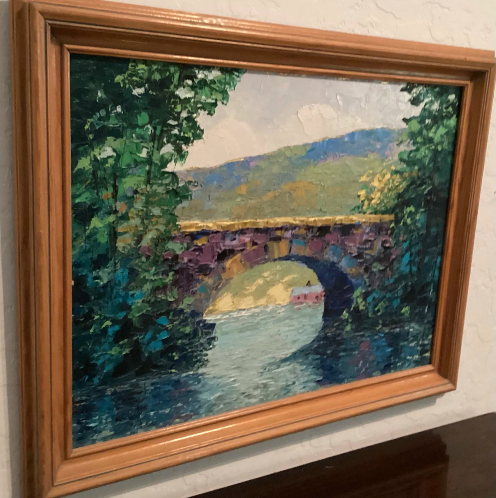 1980, Original Oil Painting Landscape Bridge, Bright Impasto, Signed by Artist "Floyd Harrod Jr." Fr - 3