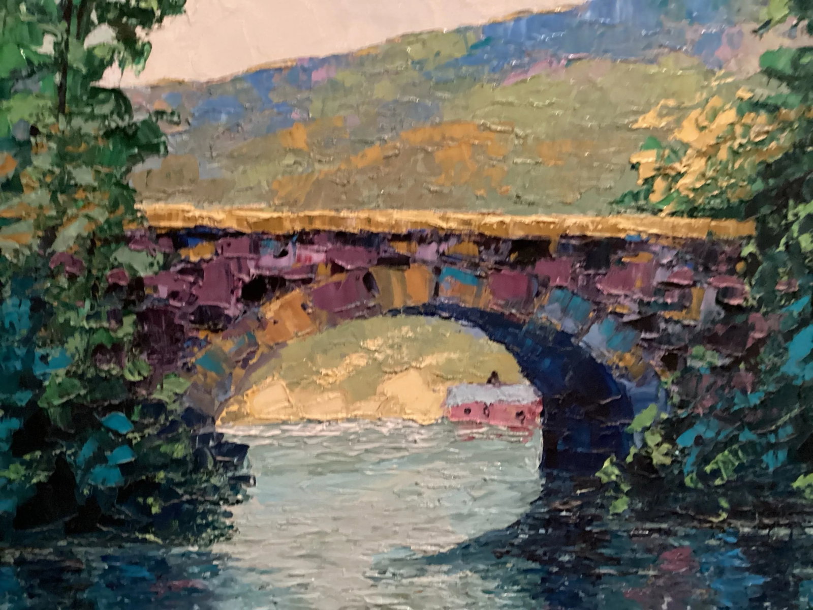 1980, Original Oil Painting Landscape Bridge, Bright Impasto, Signed by Artist "Floyd Harrod Jr." Fr - 5