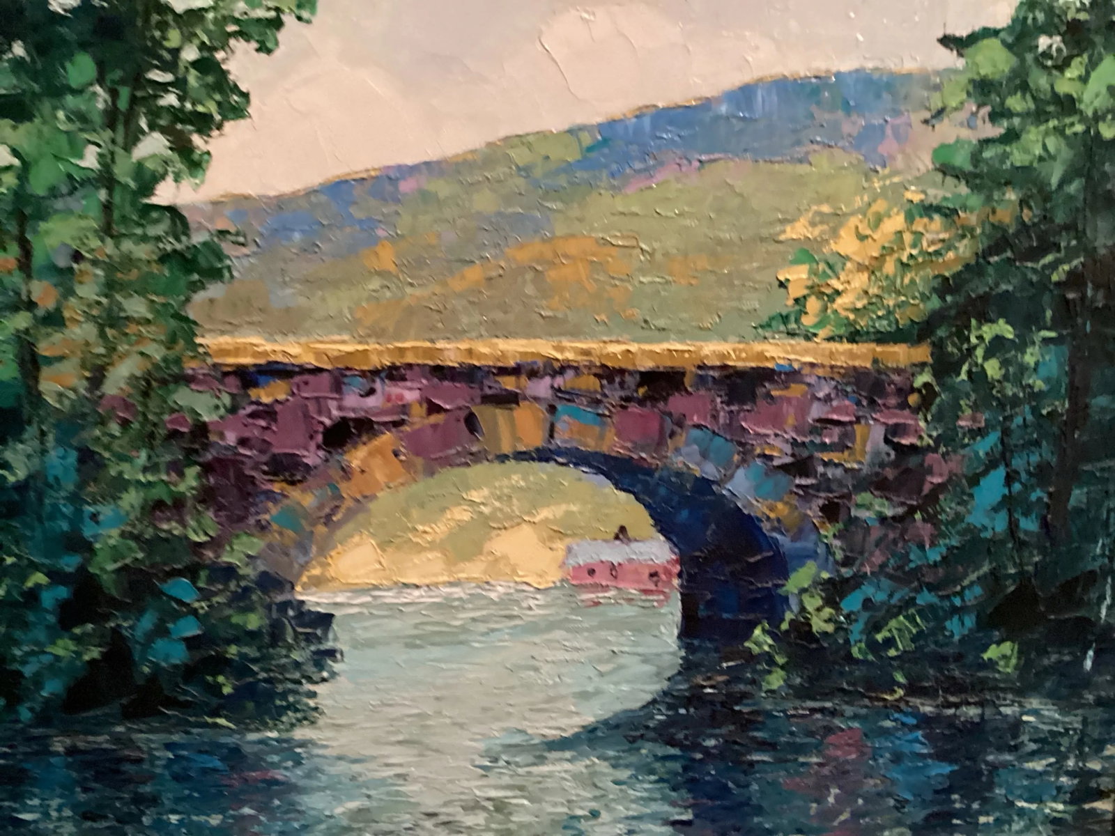 1980, Original Oil Painting Landscape Bridge, Bright Impasto, Signed by Artist "Floyd Harrod Jr." Fr - 6