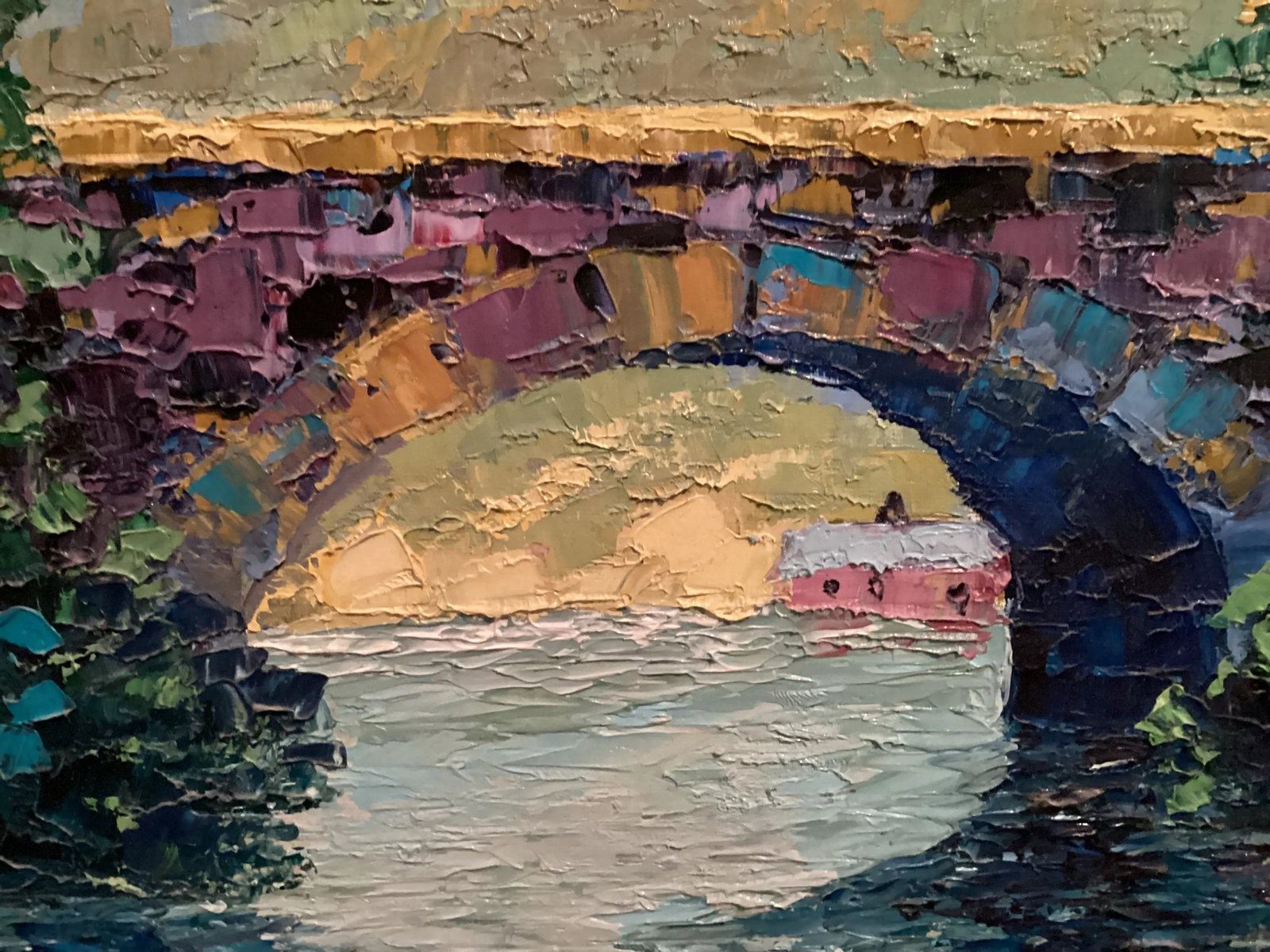 1980, Original Oil Painting Landscape Bridge, Bright Impasto, Signed by Artist "Floyd Harrod Jr." Fr - 7