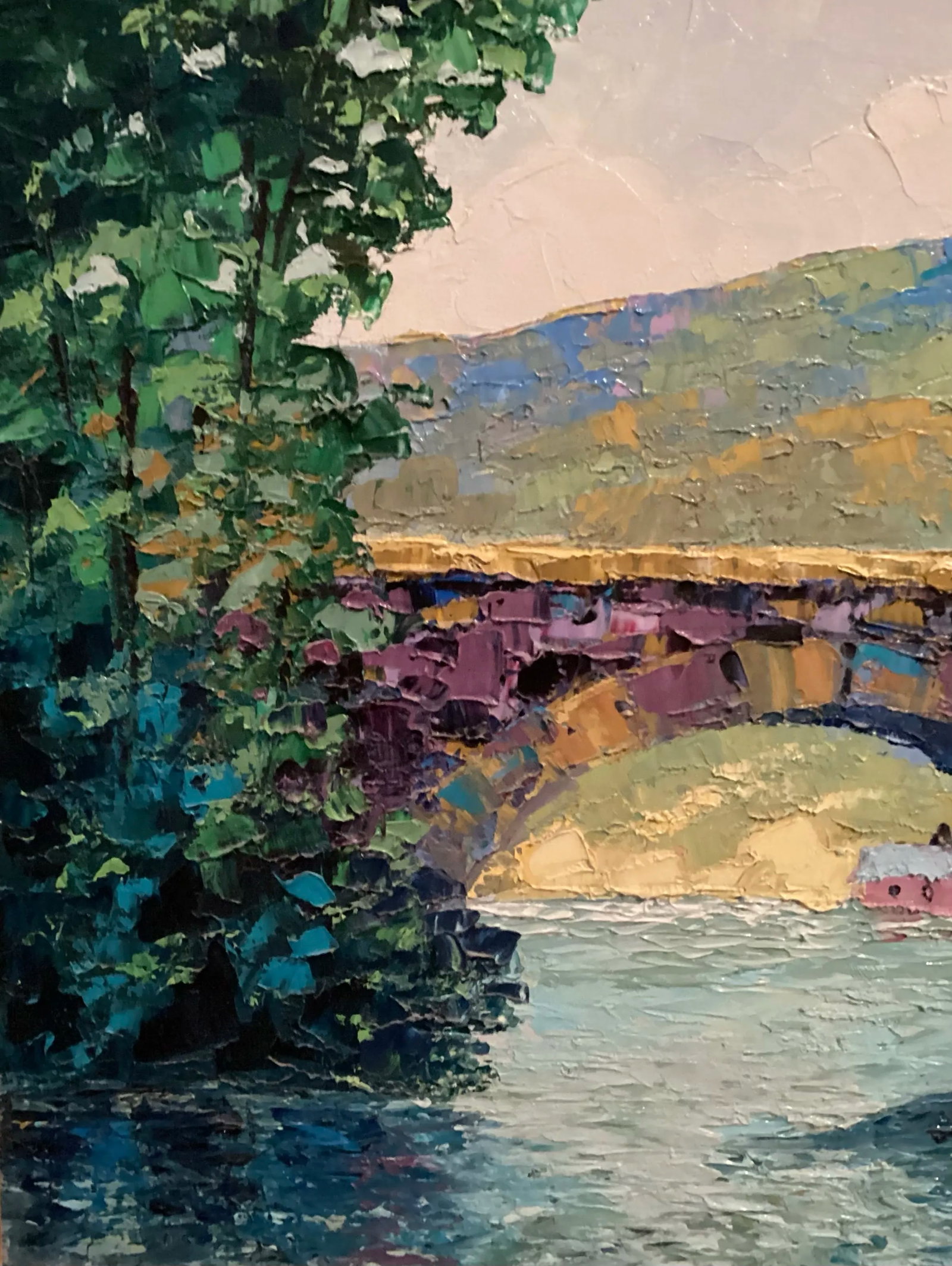 1980, Original Oil Painting Landscape Bridge, Bright Impasto, Signed by Artist "Floyd Harrod Jr." Fr - 8