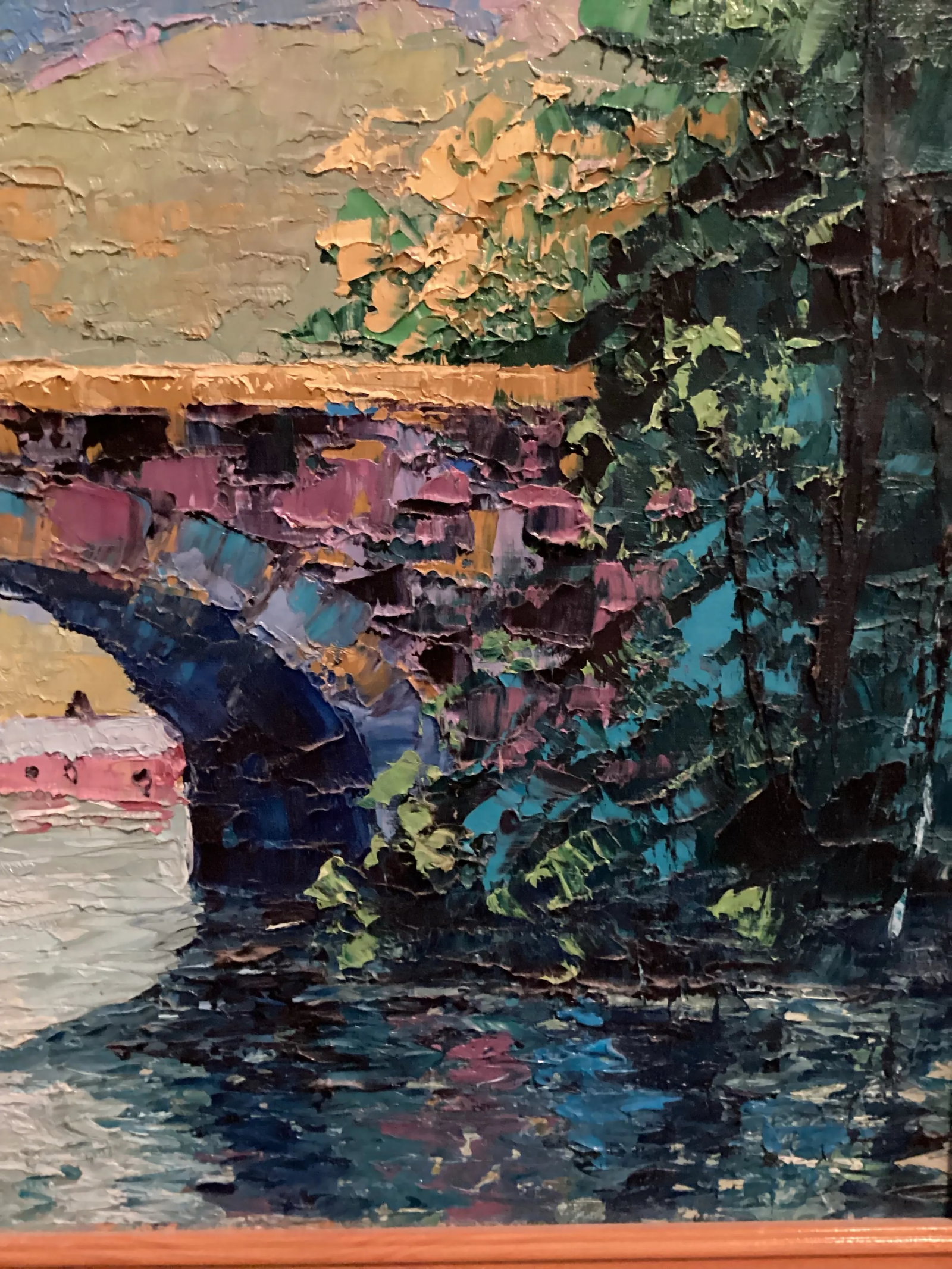 1980, Original Oil Painting Landscape Bridge, Bright Impasto, Signed by Artist "Floyd Harrod Jr." Fr - 9