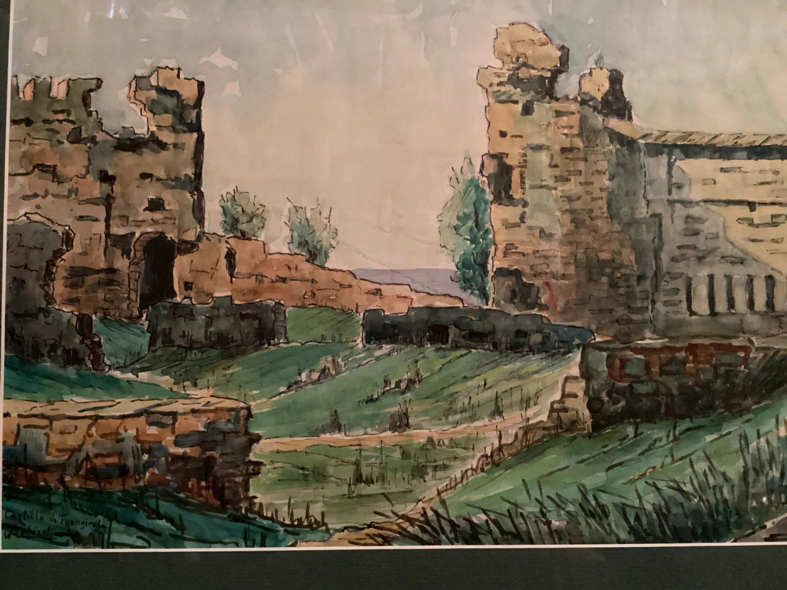Original Watercolor, Castle Ruins in Fuengirola, Spain, Ancient Fortress Signed by Artist, Wooden Fr - 11