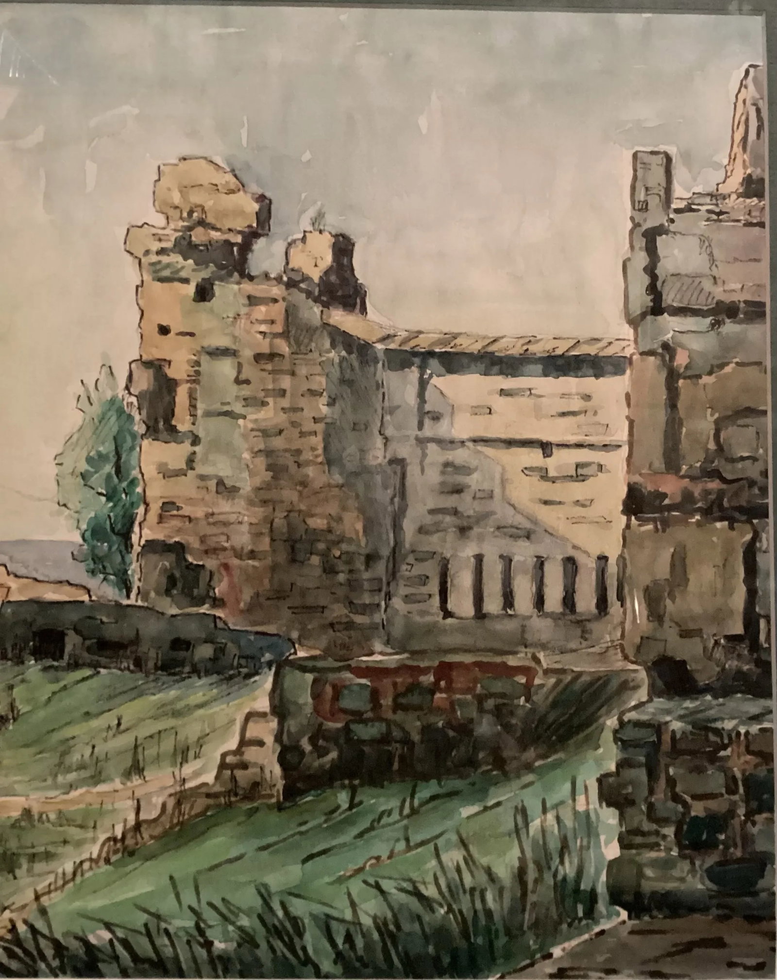 Original Watercolor, Castle Ruins in Fuengirola, Spain, Ancient Fortress Signed by Artist, Wooden Fr - 12