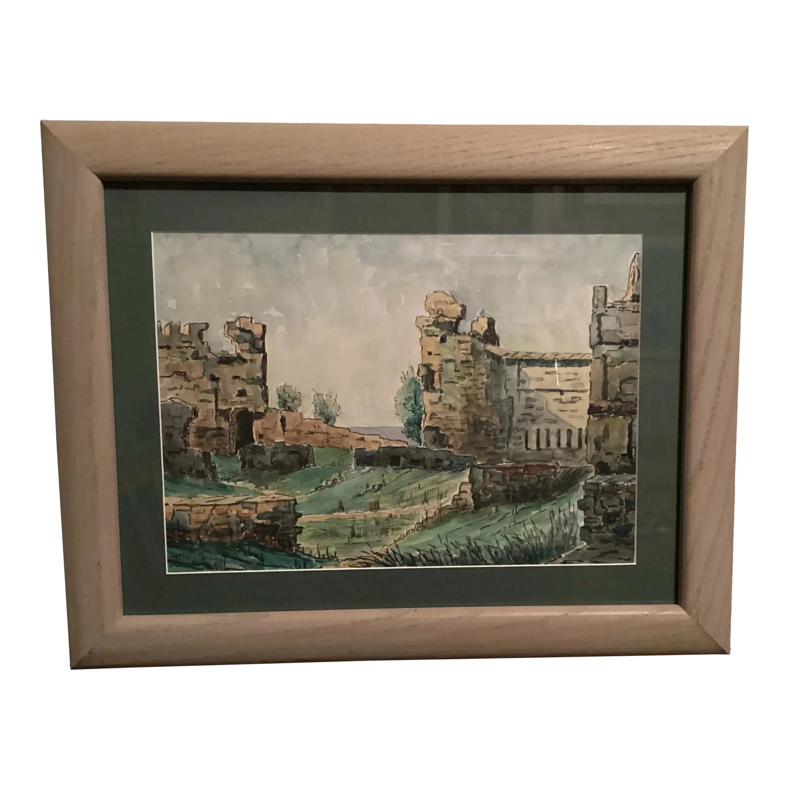 Original Watercolor, Castle Ruins in Fuengirola, Spain, Ancient Fortress Signed by Artist, Wooden Fr: This landscape watercolor is of an Ancient Fortress, " Castillo de Fuengirola" in Spain. Built in 956 AD nature has slowly taken its toll yet this historic place is still lovely and significant as