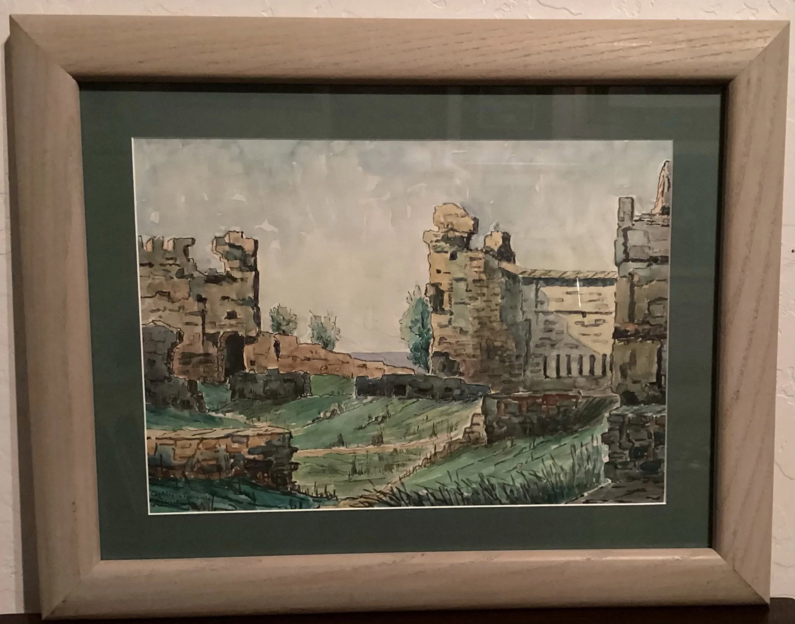 Original Watercolor, Castle Ruins in Fuengirola, Spain, Ancient Fortress Signed by Artist, Wooden Fr - 2