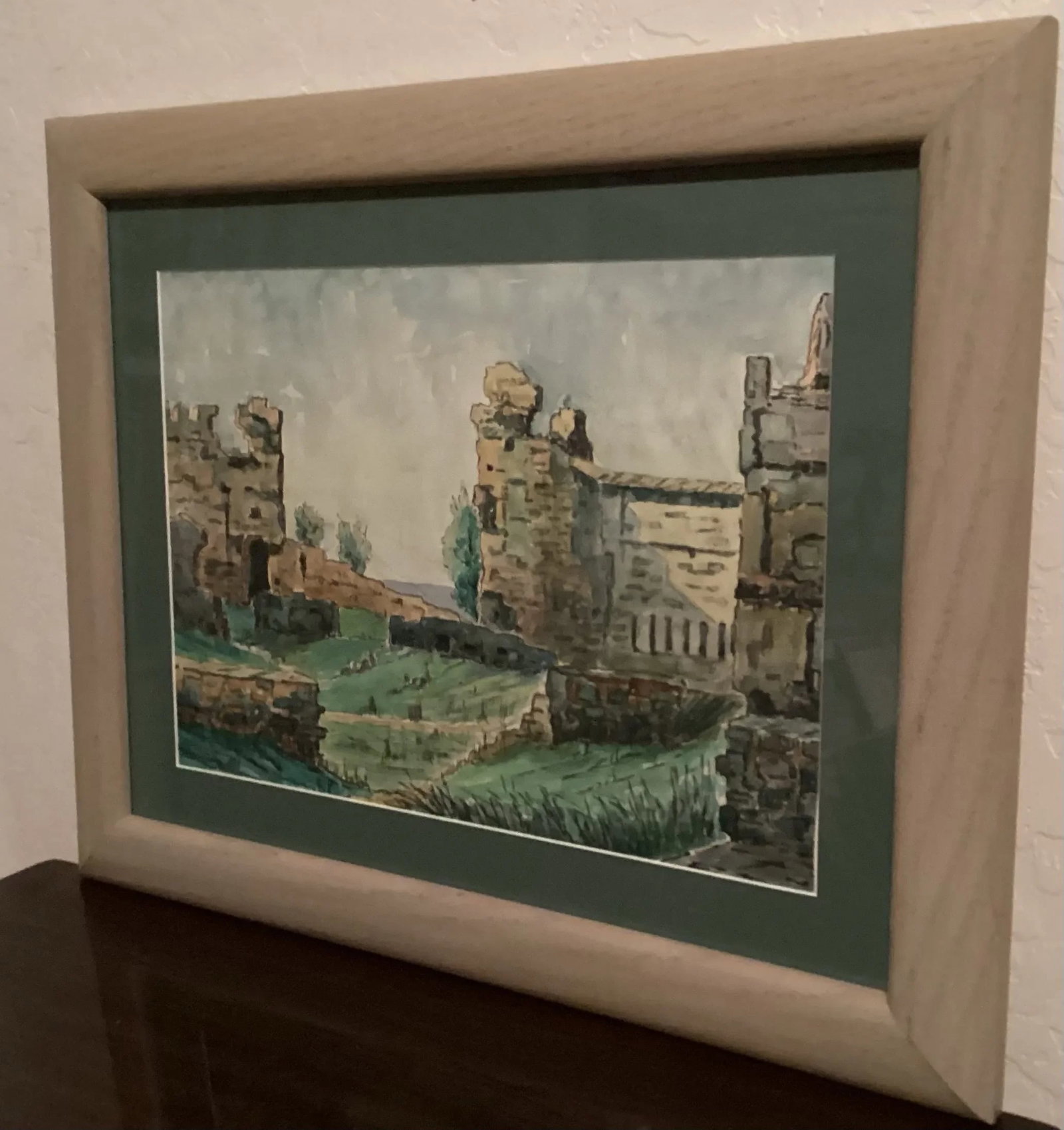 Original Watercolor, Castle Ruins in Fuengirola, Spain, Ancient Fortress Signed by Artist, Wooden Fr - 3