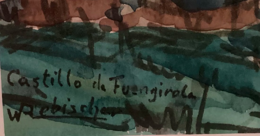 Original Watercolor, Castle Ruins in Fuengirola, Spain, Ancient Fortress Signed by Artist, Wooden Fr - 5