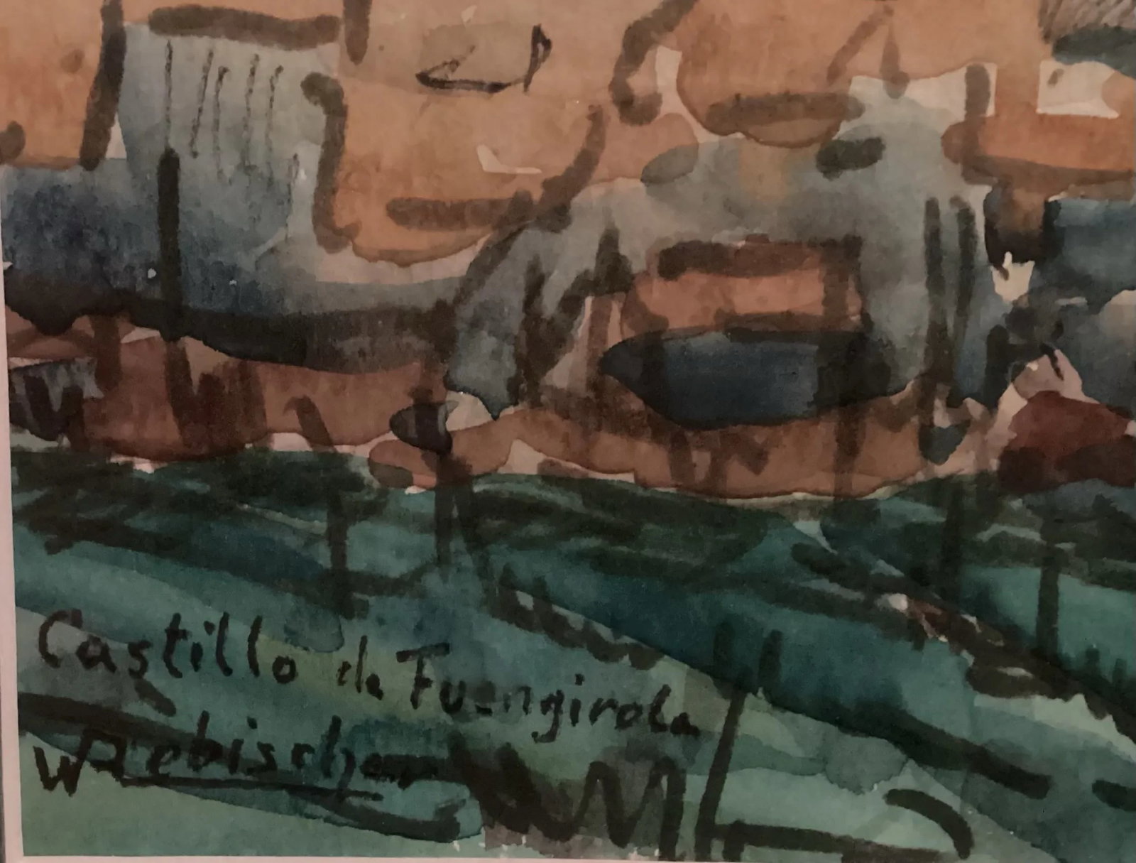 Original Watercolor, Castle Ruins in Fuengirola, Spain, Ancient Fortress Signed by Artist, Wooden Fr - 6