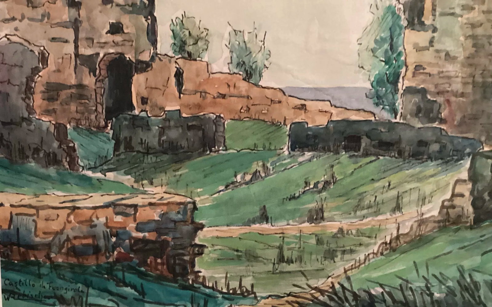 Original Watercolor, Castle Ruins in Fuengirola, Spain, Ancient Fortress Signed by Artist, Wooden Fr - 8