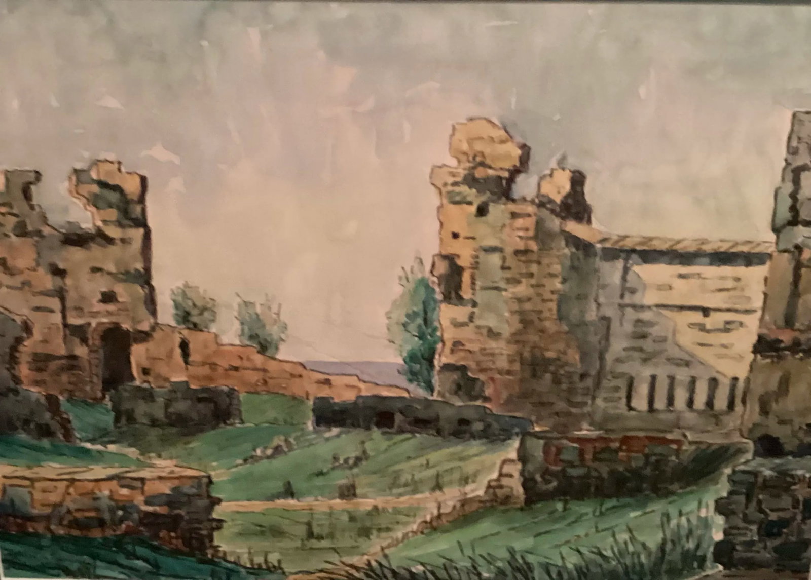 Original Watercolor, Castle Ruins in Fuengirola, Spain, Ancient Fortress Signed by Artist, Wooden Fr - 9