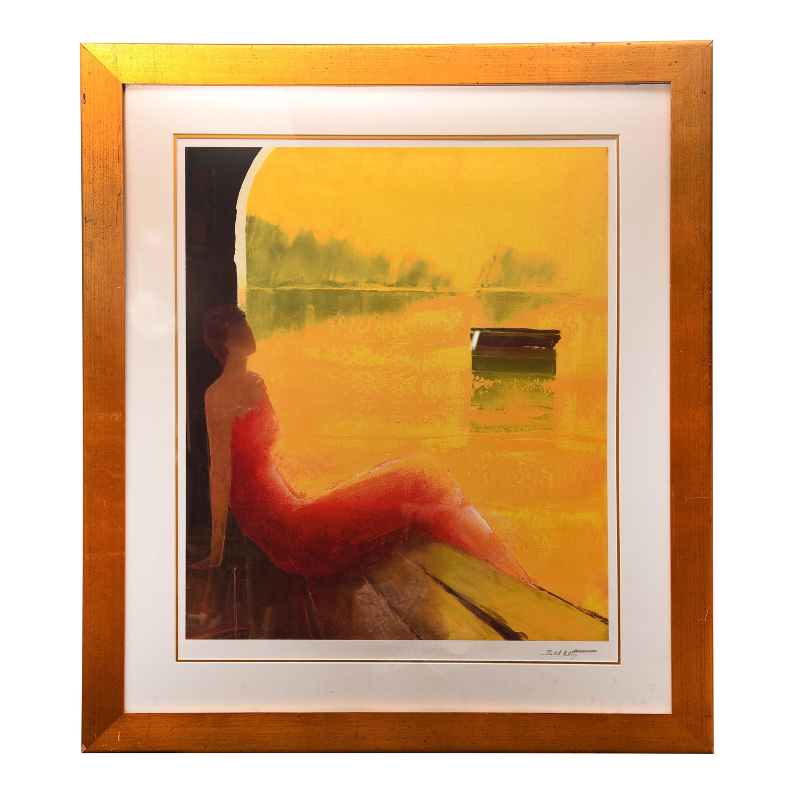 Golden Hour Reverie, Print by Belle: This serene print signed by Belle, measuring 35" x 41", captures a woman lost in contemplation amidst a tranquil lakeside setting bathed in the golden hues of sunset. The artist's evocative use of