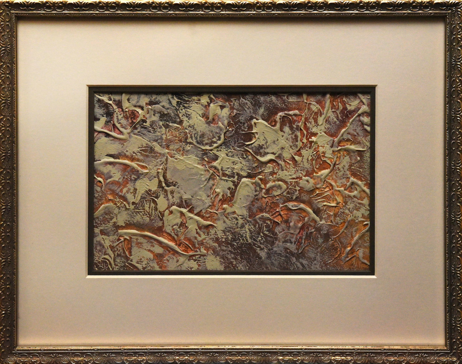 1990s Abstract Landscape, Acrylic Painting, Framed: This acrylic painting, sized 21" x 16", features an abstract composition with a mix of textured and smooth surfaces. The color palette is primarily muted, with grays and whites dominating, while