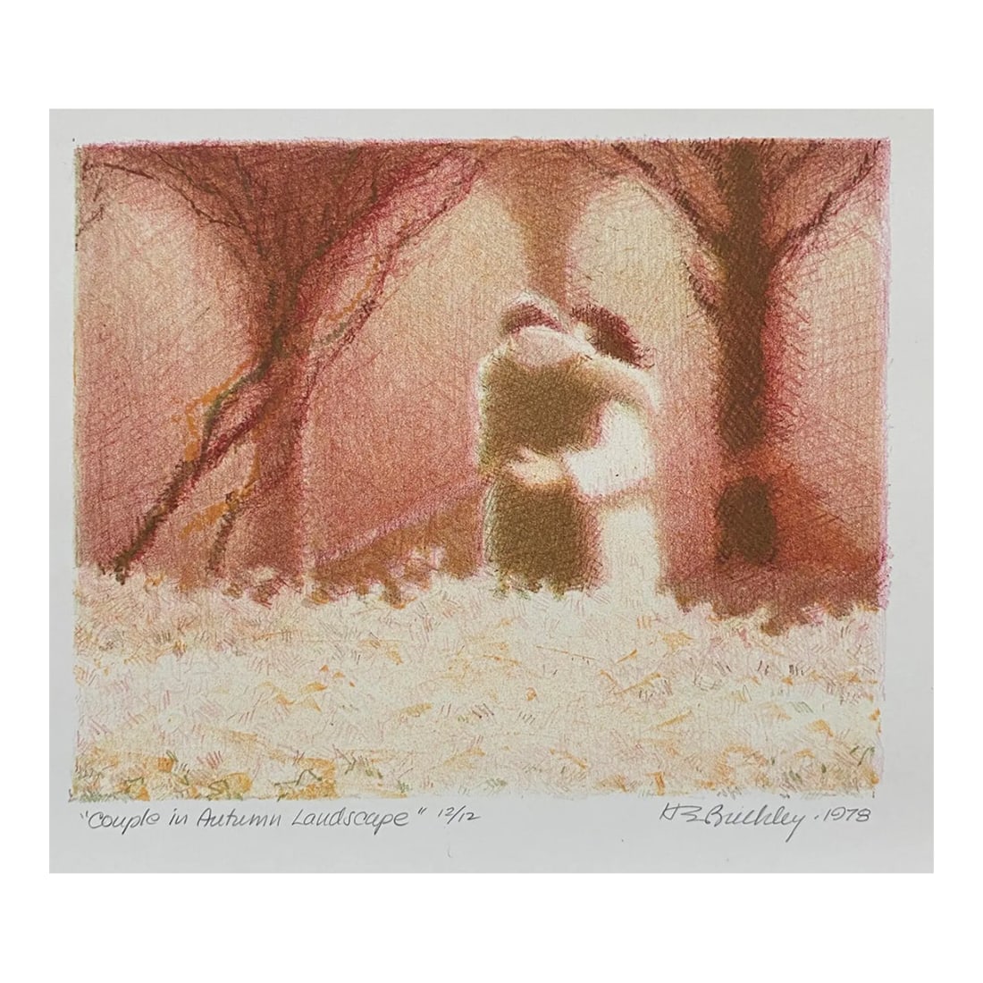 1978 Harry Buckley Couple in Autumn Lithograph: 1978 litho by Harry E. Buckley (1930-2010) "Couple in Autumn Landscape," pencil signed, titled, from an edition of 12; with artist's stamp lower right. Condition: Alterations: Original Condition