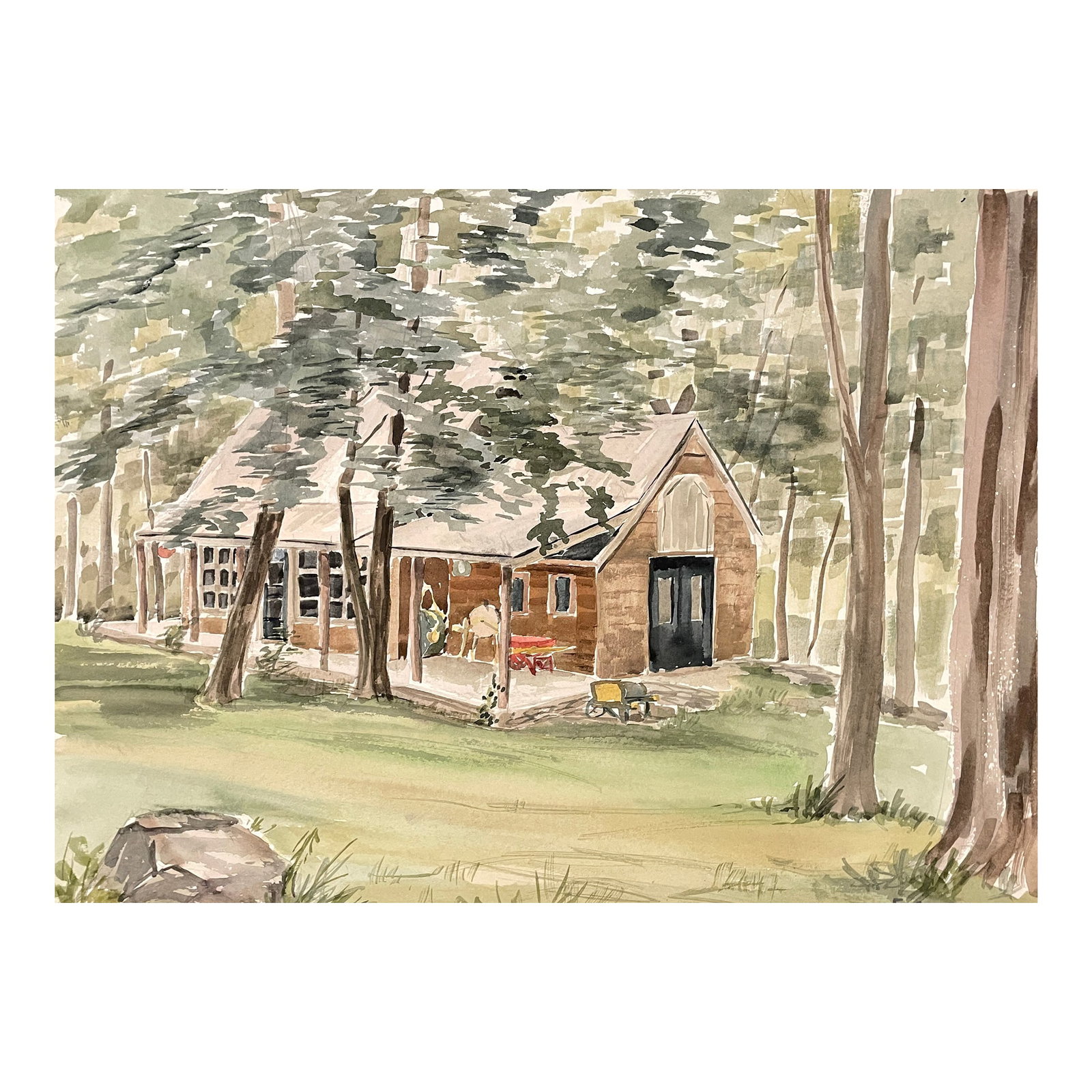 1950s Elizabeth Slater Rustic Cabin Watercolor: Forest landscape painting by Rhode Island artist Elizabeth Slater Anthony (1919-1995). She graduated with a degree in graphic art from the Rhode Island School of Design (RISD). She was married to