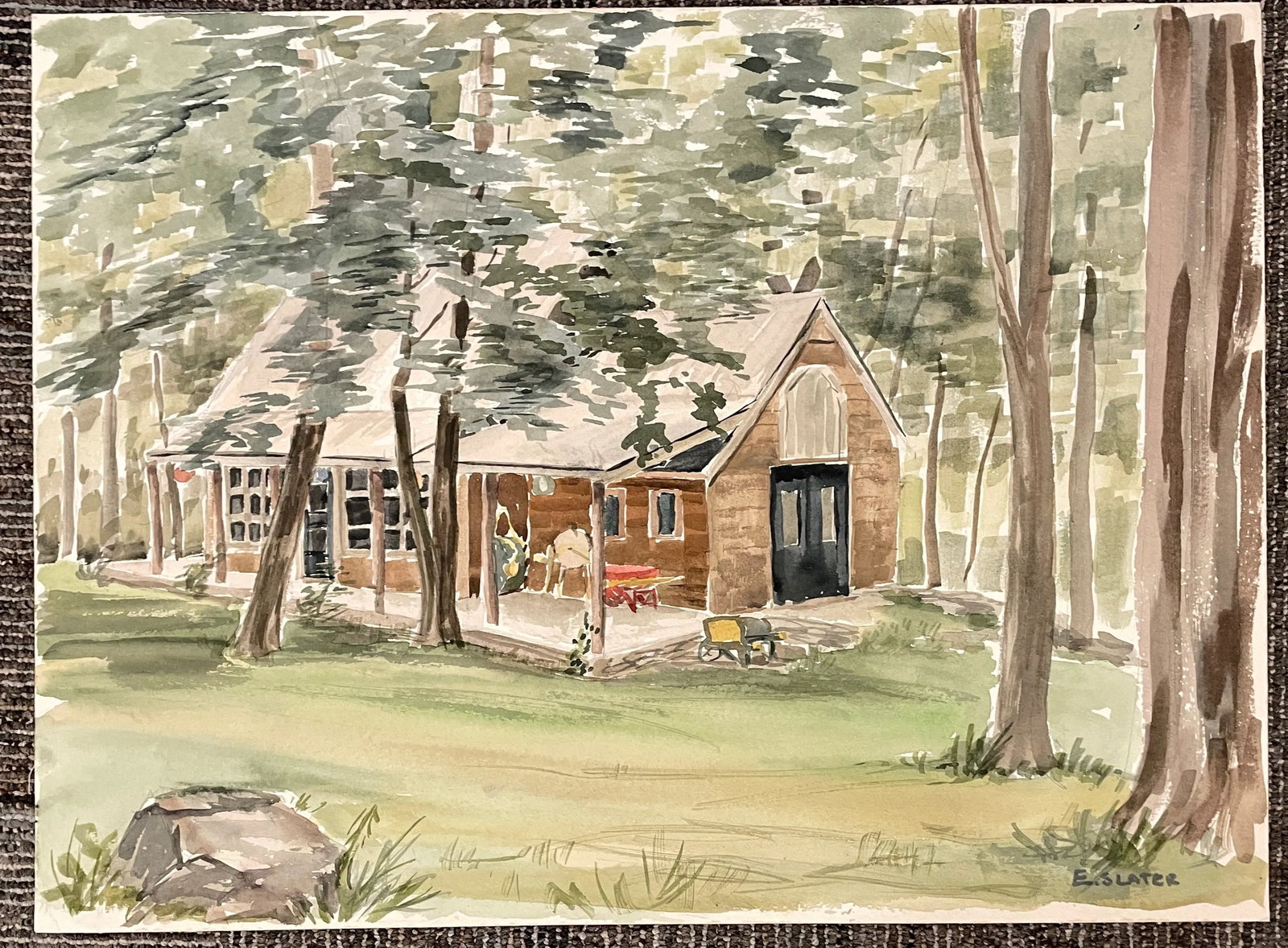 1950s Elizabeth Slater Rustic Cabin Watercolor - 3