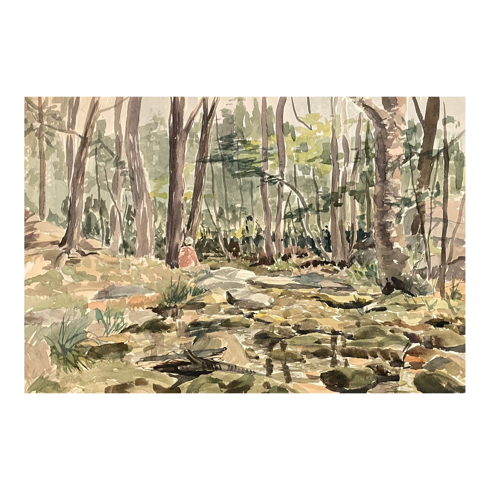 1950s Elizabeth Slater Figure in Forest Landscape Painting: Forest landscape with a figure painting by Rhode Island artist Elizabeth Slater Anthony (1919-1995). Estate stamp on the back. She graduated with a degree in graphic art from the Rhode Island School