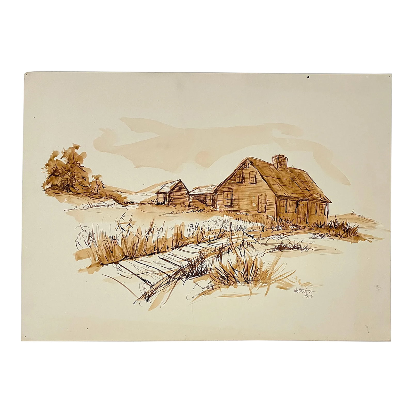 1957 Neil Meitzler Landscape Painting: 1957 watercolor landscape from the estate of Northwest School artist Neil Meitzler (1930 - 2009). Pencil signed and dated lower right. Meitzler's work can be found at the Seattle Art Museum; Henry