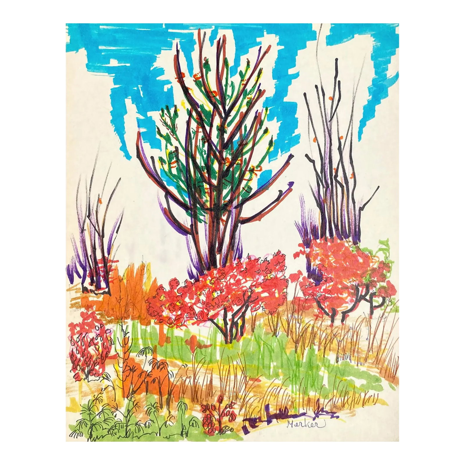 1960s Alexandra Merker New Hampshire Landscape: Alexandra Merker (1920-2009) MCM New England landscape on glossy heavy paper. Signed and estate stamp on back. Combined shipping available, please inquire. Shipping times are significantly shorter